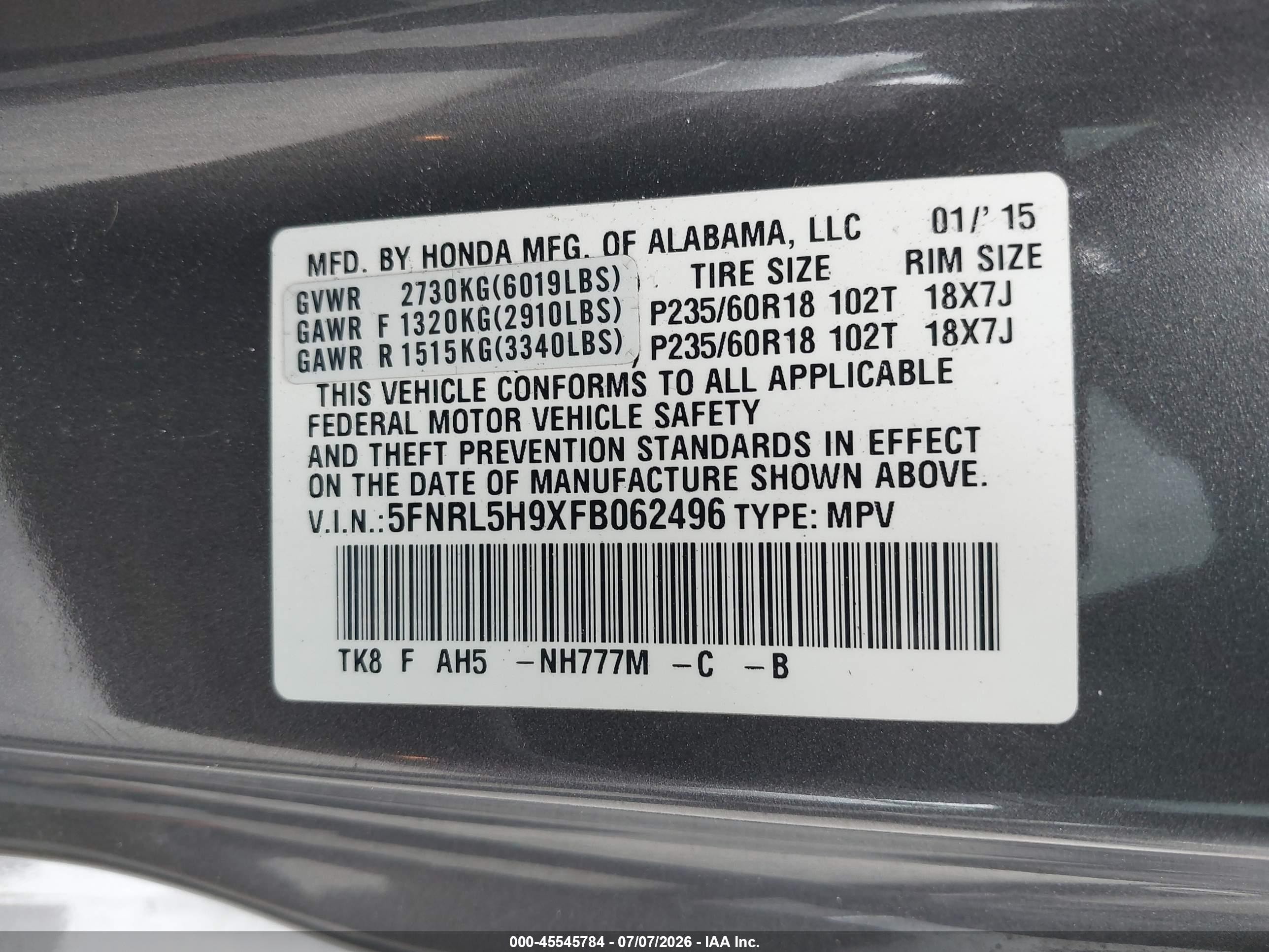 2015 Honda Odyssey Touring/touring Elite Gray vin: 5FNRL5H9XFB062496