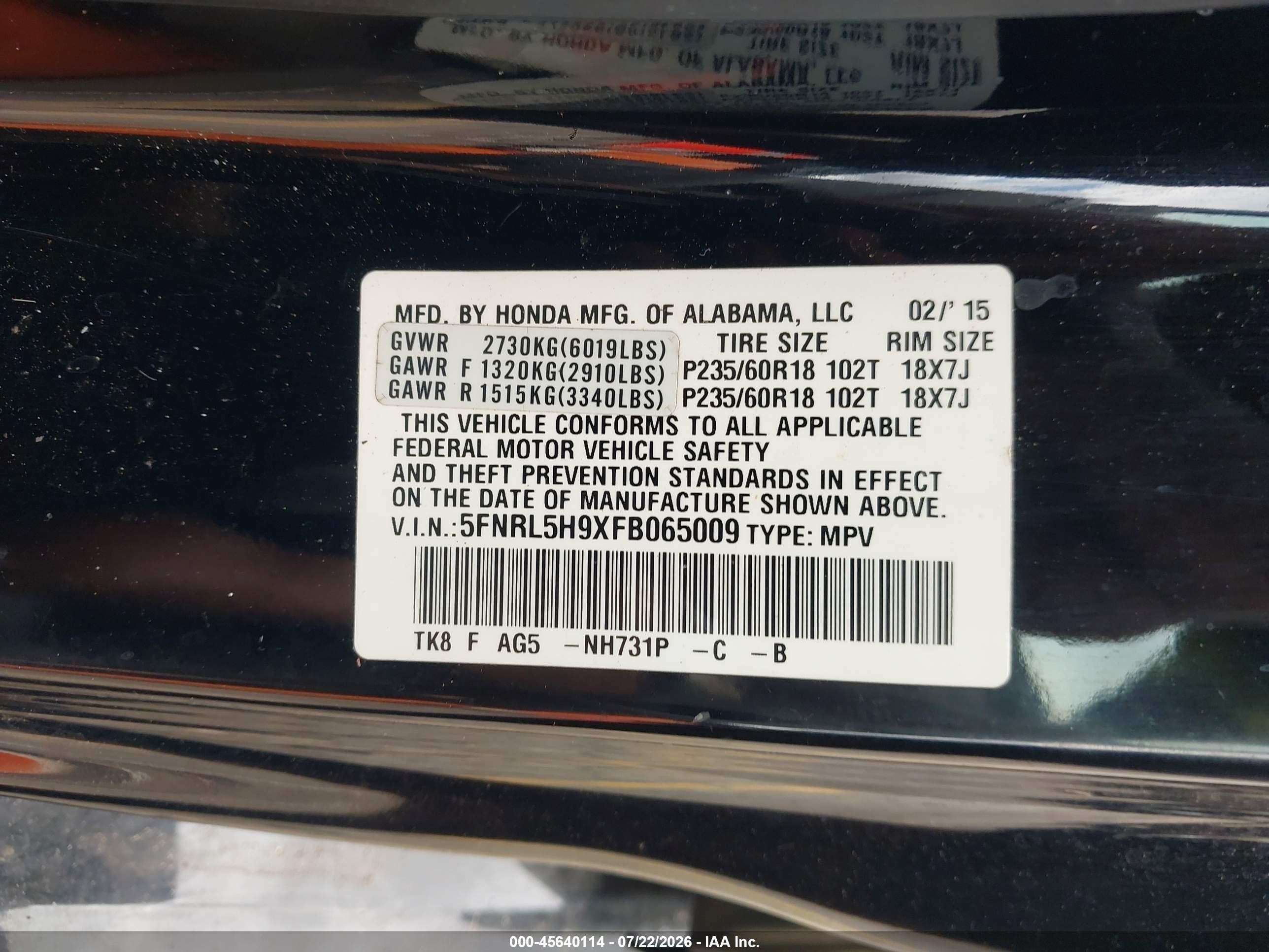 2015 Honda Odyssey Touring/touring Elite Black vin: 5FNRL5H9XFB065009