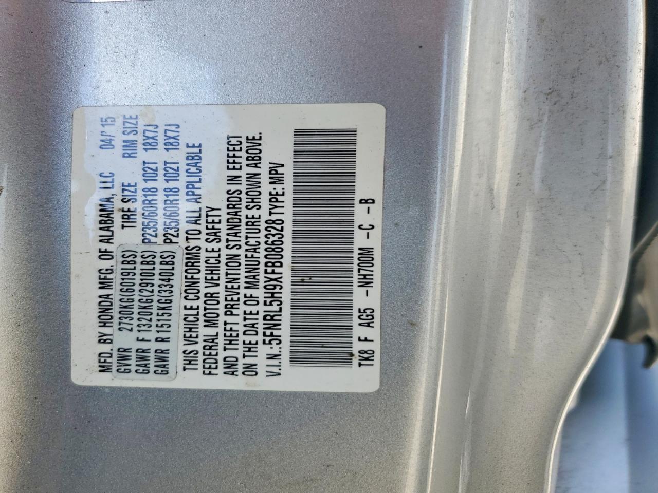 2015 Honda Odyssey Touring Silver vin: 5FNRL5H9XFB086328