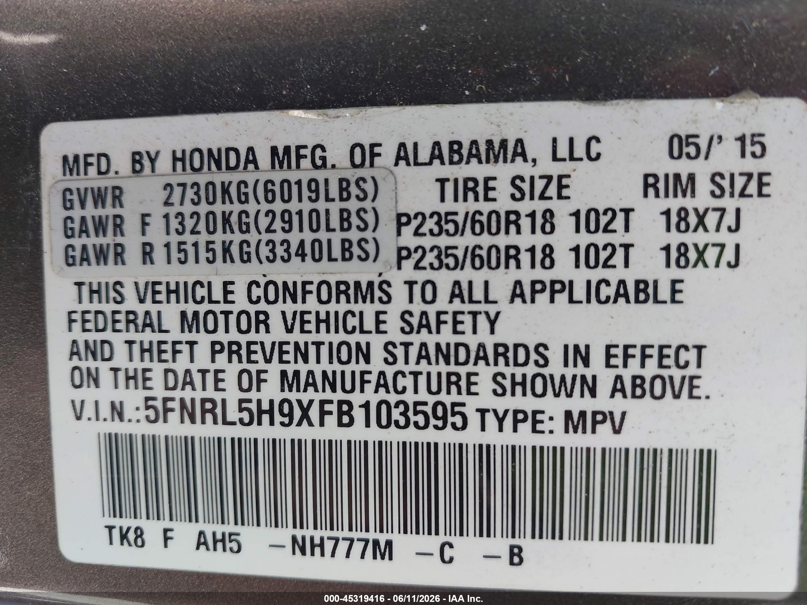 2015 Honda Odyssey Touring/touring Elite Gray vin: 5FNRL5H9XFB103595