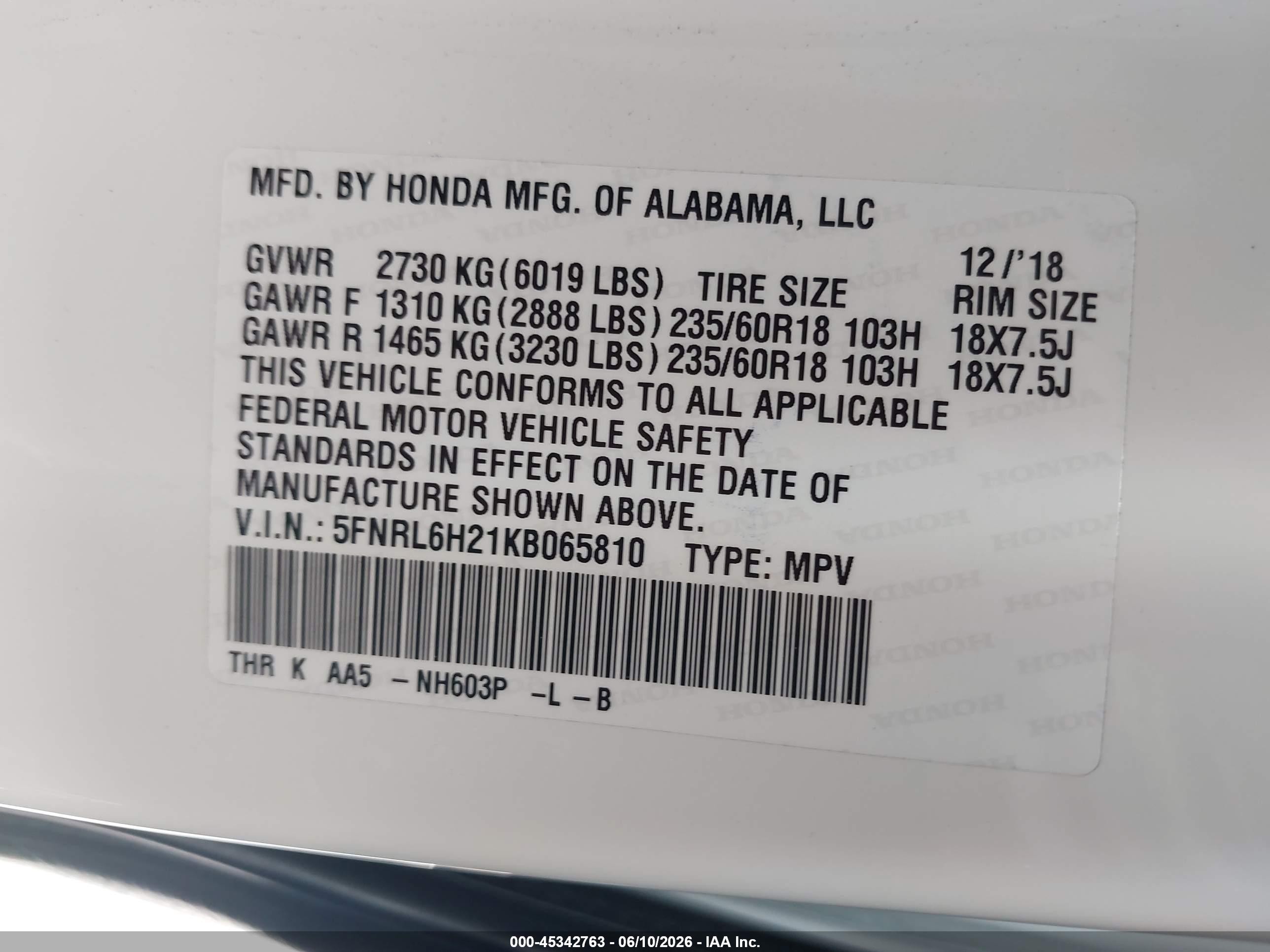 2019 Honda Odyssey Lx White vin: 5FNRL6H21KB065810