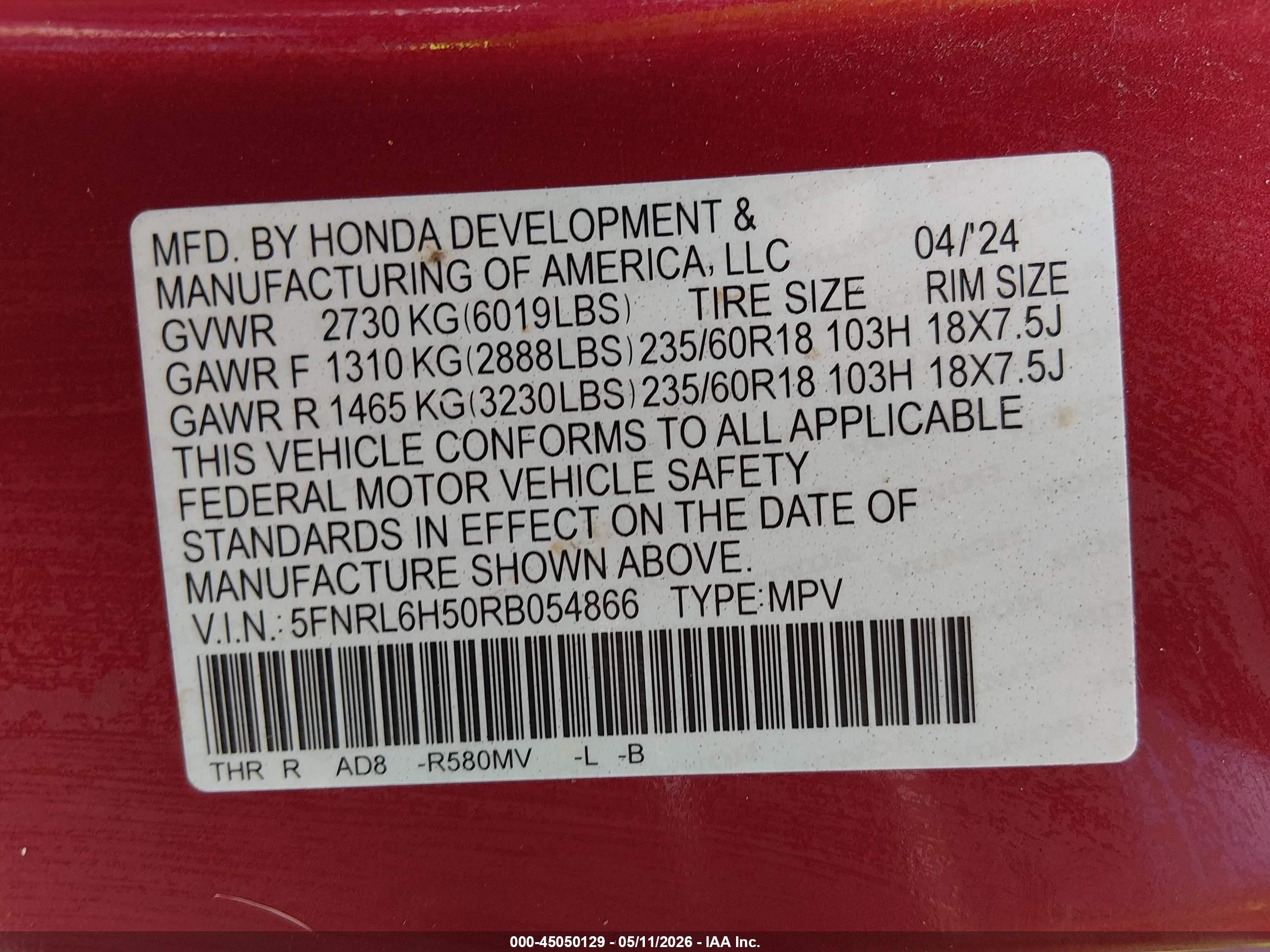 2024 Honda Odyssey Ex Красный vin: 5FNRL6H50RB054866