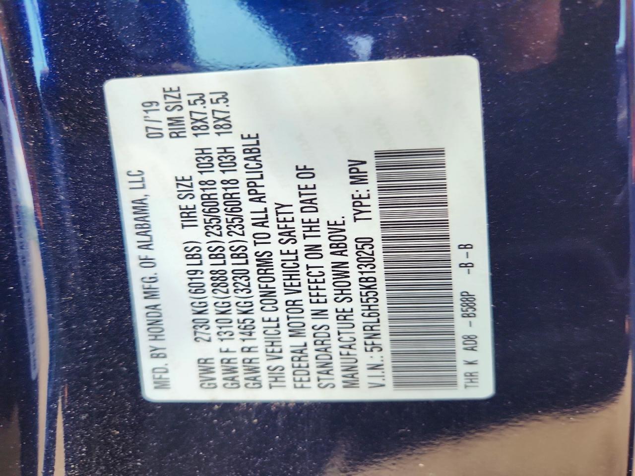 2019 Honda Odyssey Ex Blue vin: 5FNRL6H55KB130250