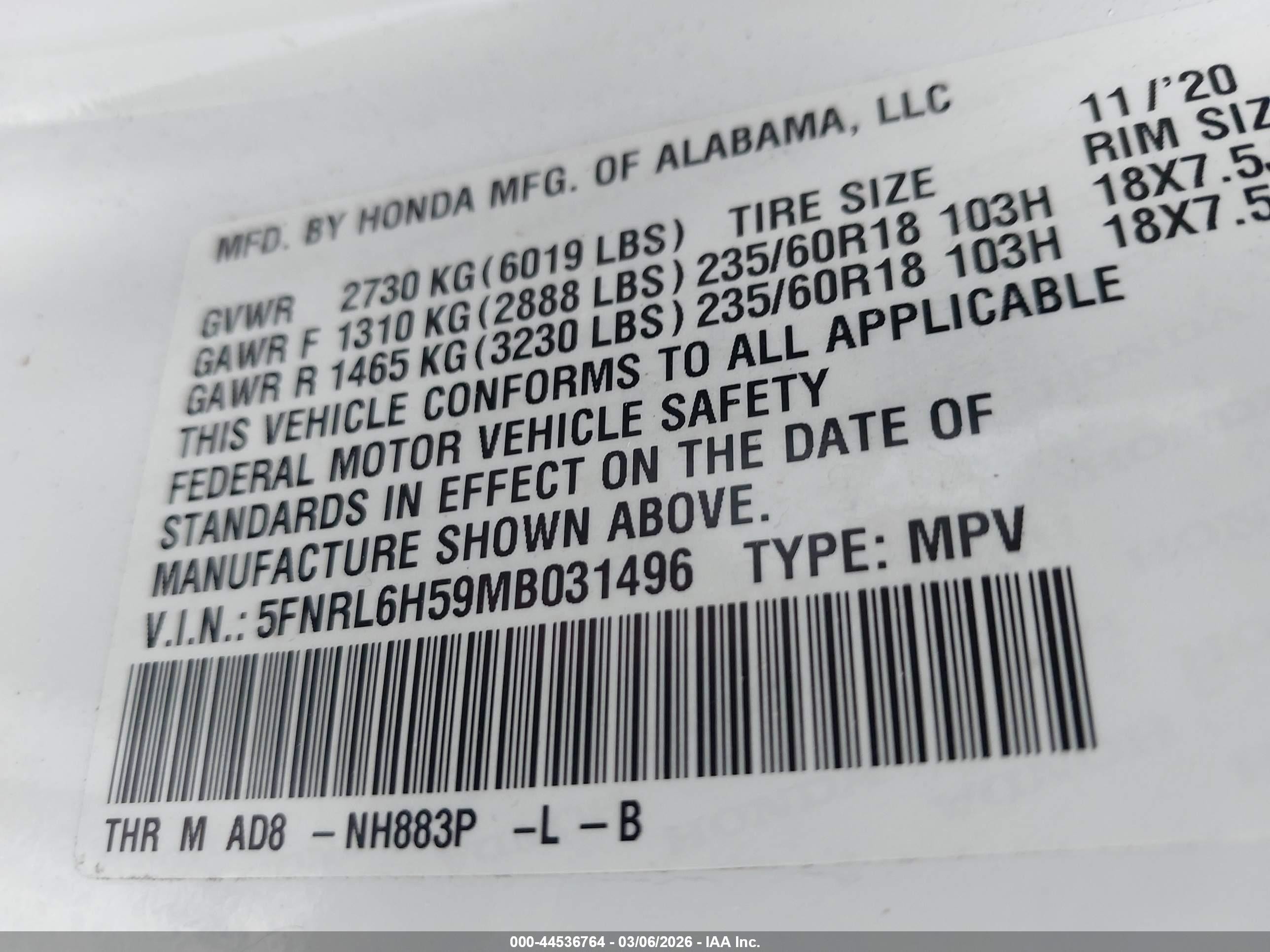 2021 Honda Odyssey Ex White vin: 5FNRL6H59MB031496