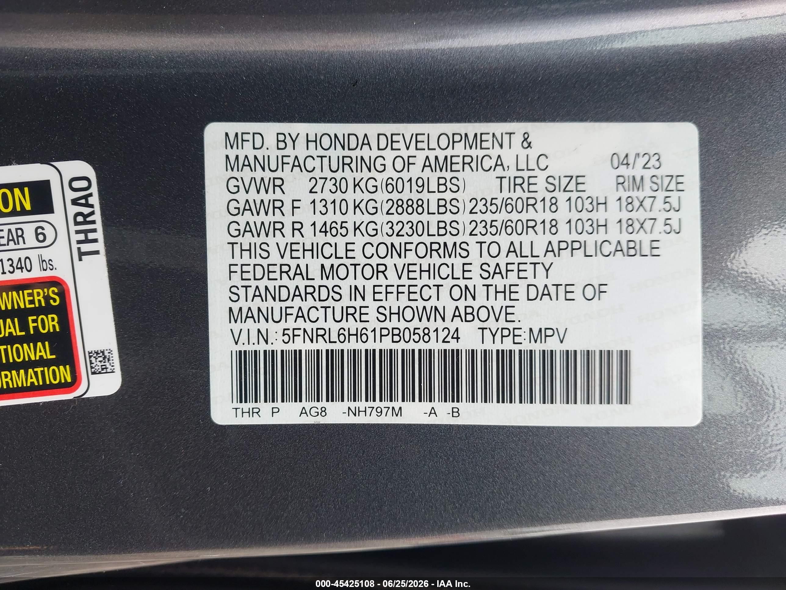 2023 Honda Odyssey Ex-l Gray vin: 5FNRL6H61PB058124