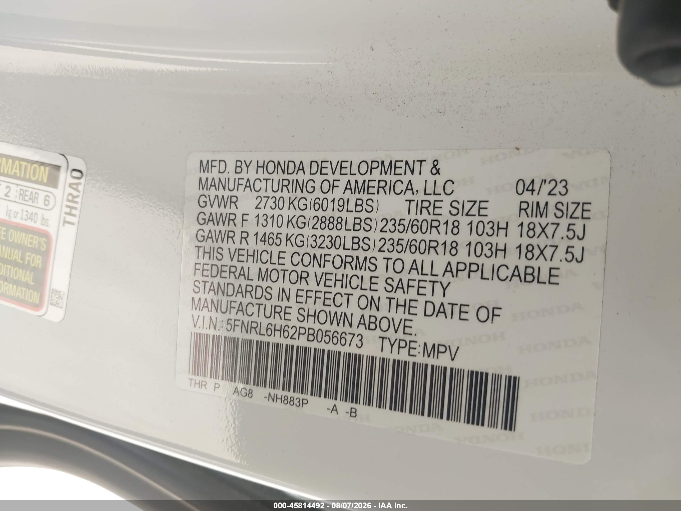 2023 Honda Odyssey Ex-l White vin: 5FNRL6H62PB056673