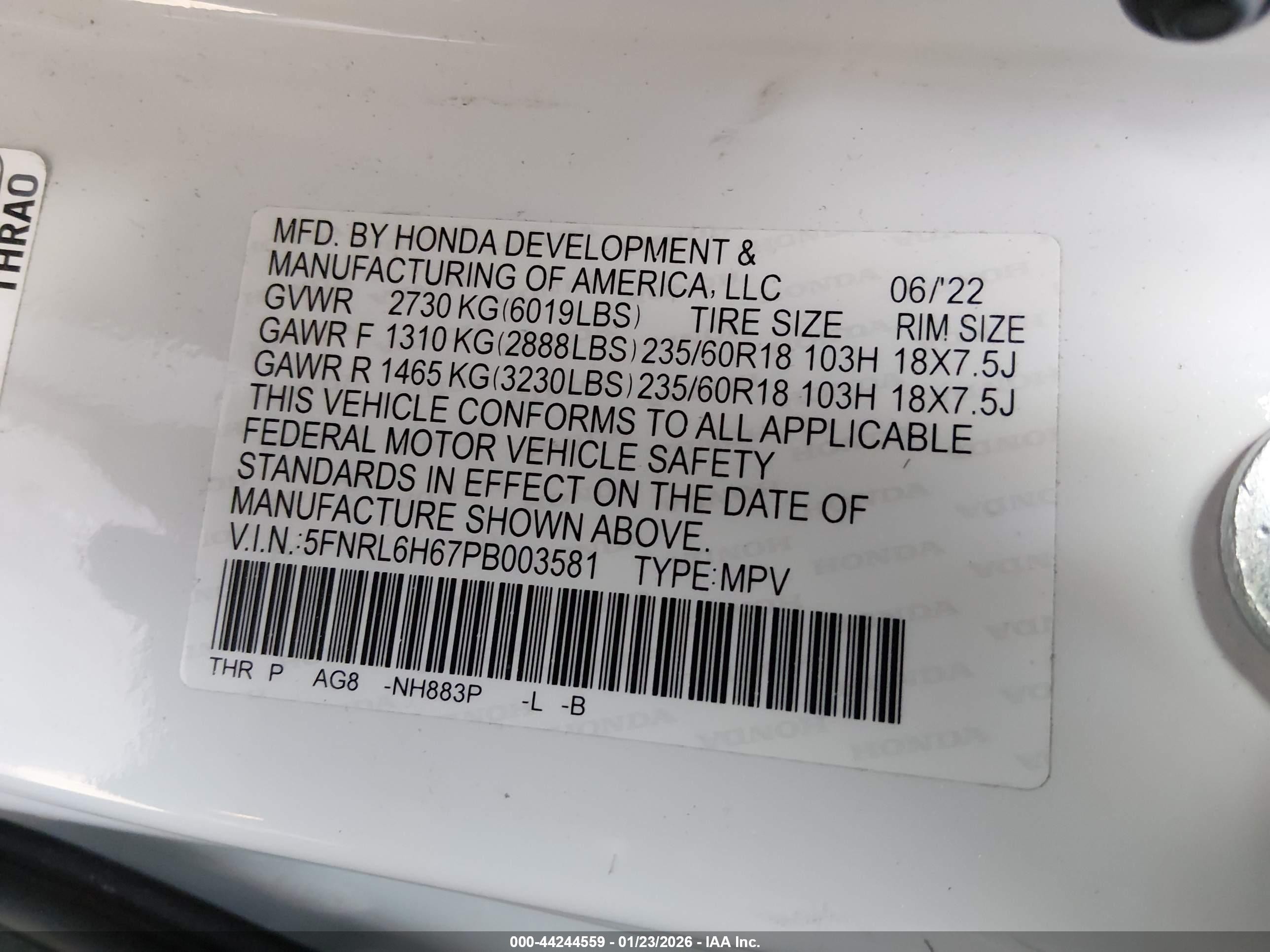 2023 Honda Odyssey Ex-l White vin: 5FNRL6H67PB003581