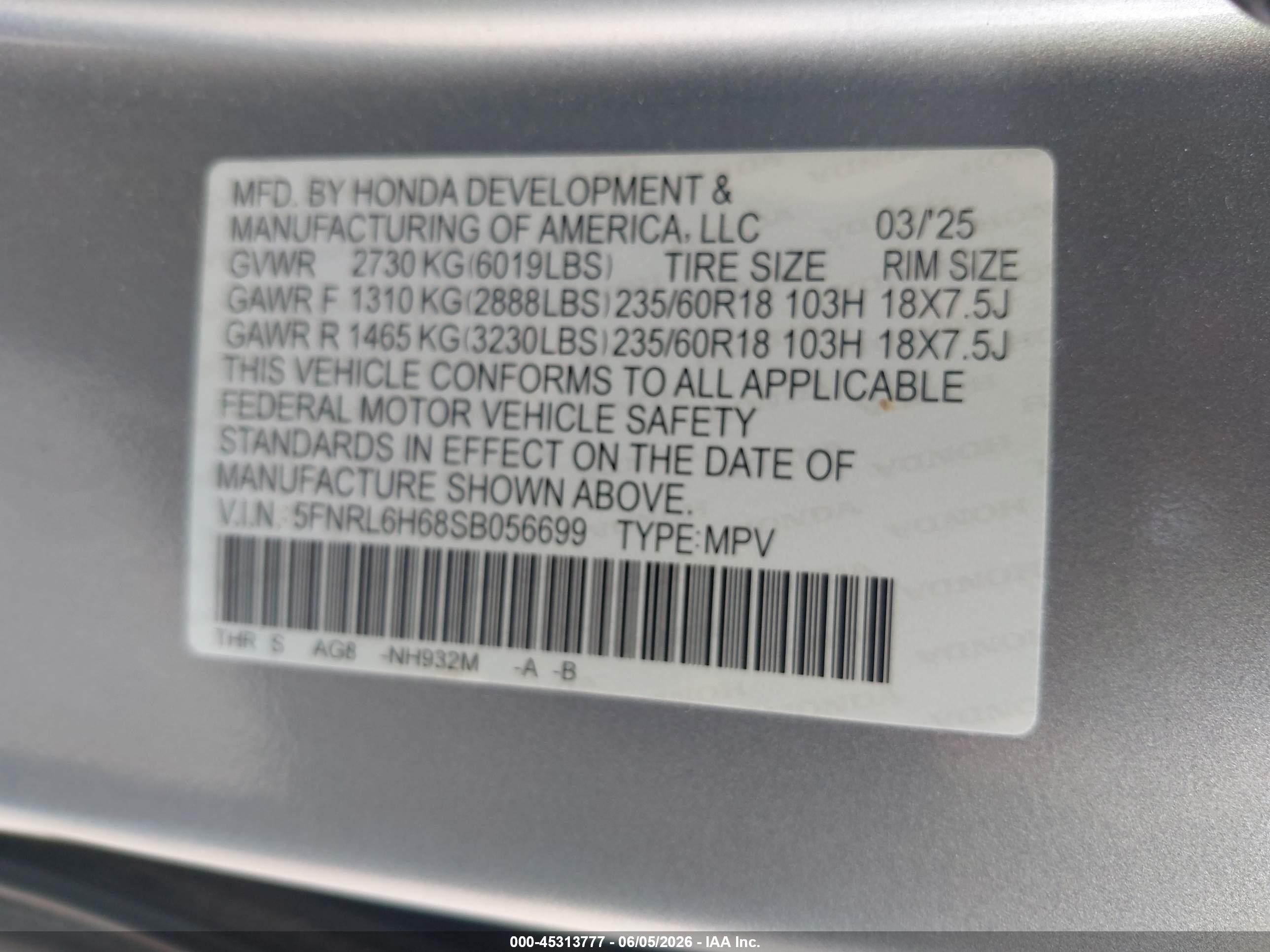2025 Honda Odyssey Ex-l Серебряный vin: 5FNRL6H68SB056699