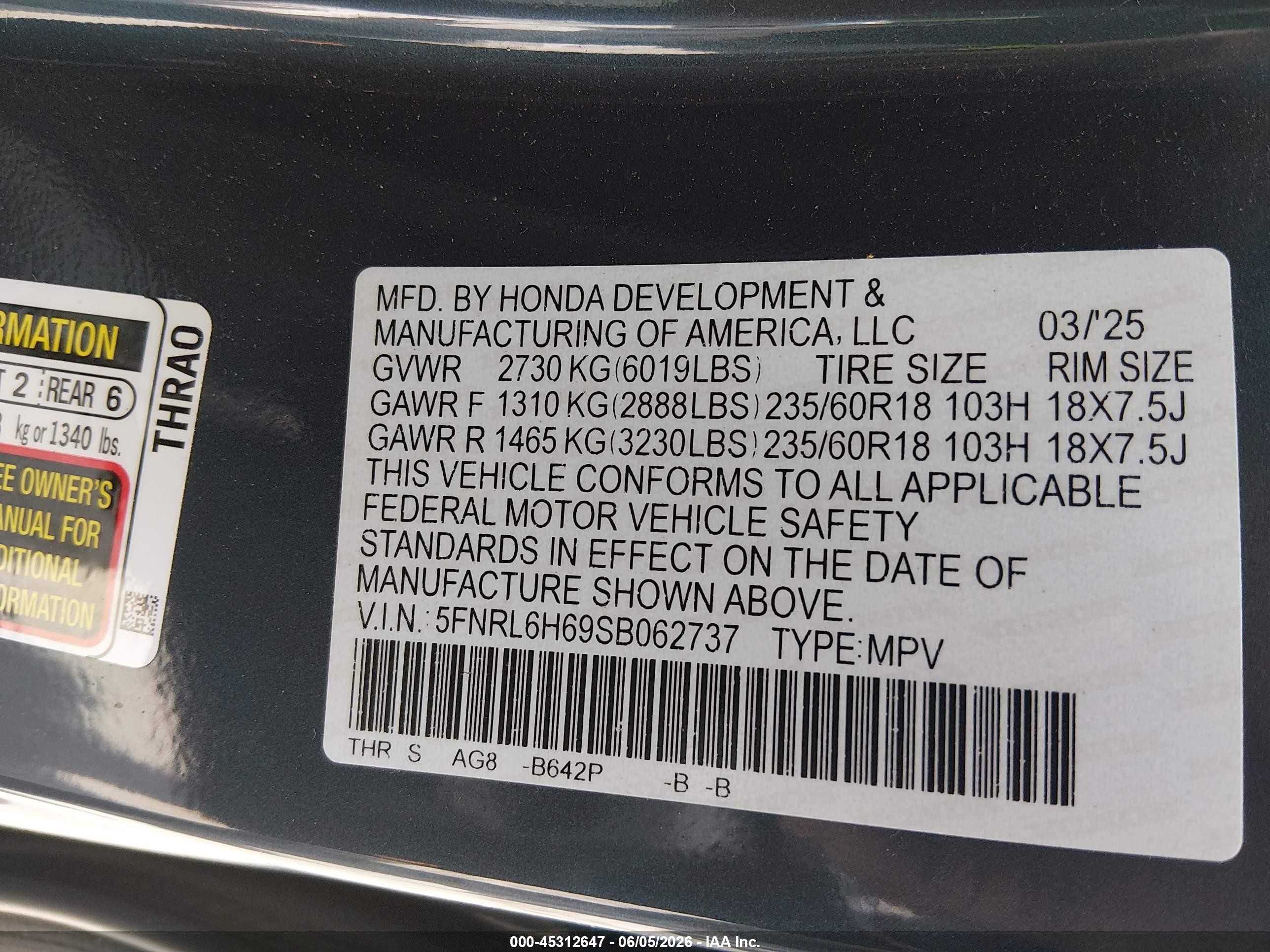 2025 Honda Odyssey Ex-l Gray vin: 5FNRL6H69SB062737