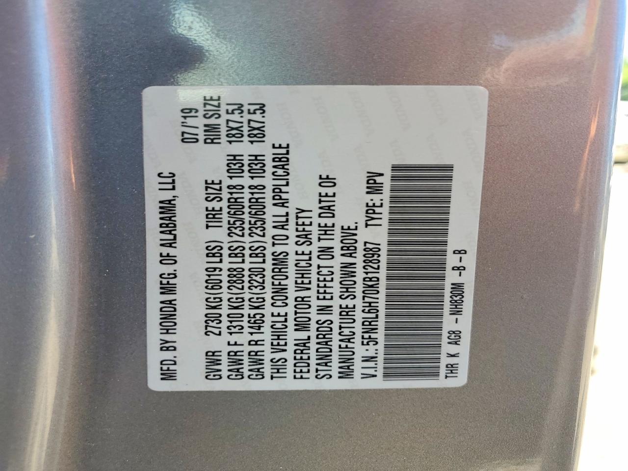 2019 Honda Odyssey Exl Silver vin: 5FNRL6H70KB128987