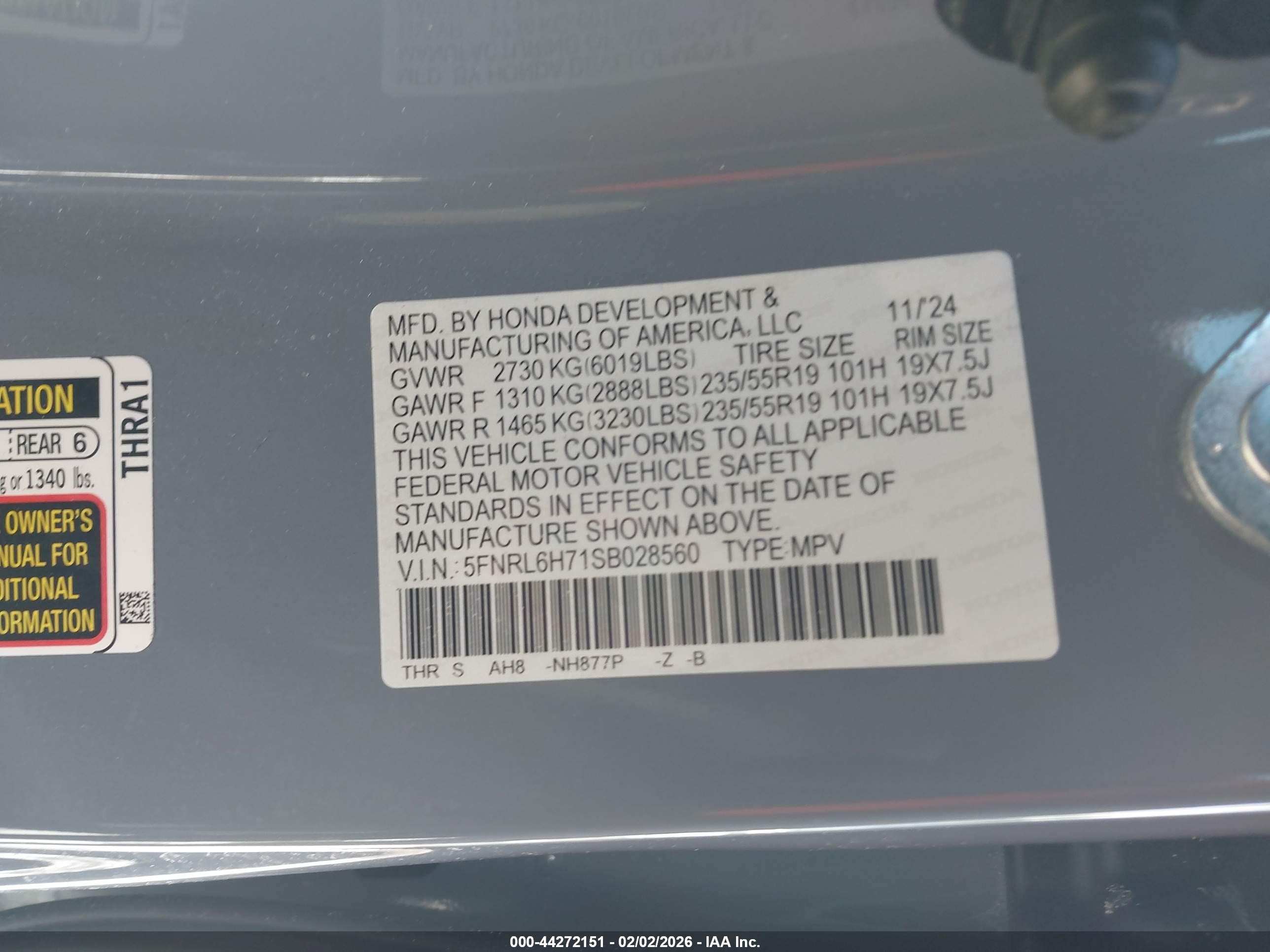 2025 Honda Odyssey Sport-l Gray vin: 5FNRL6H71SB028560