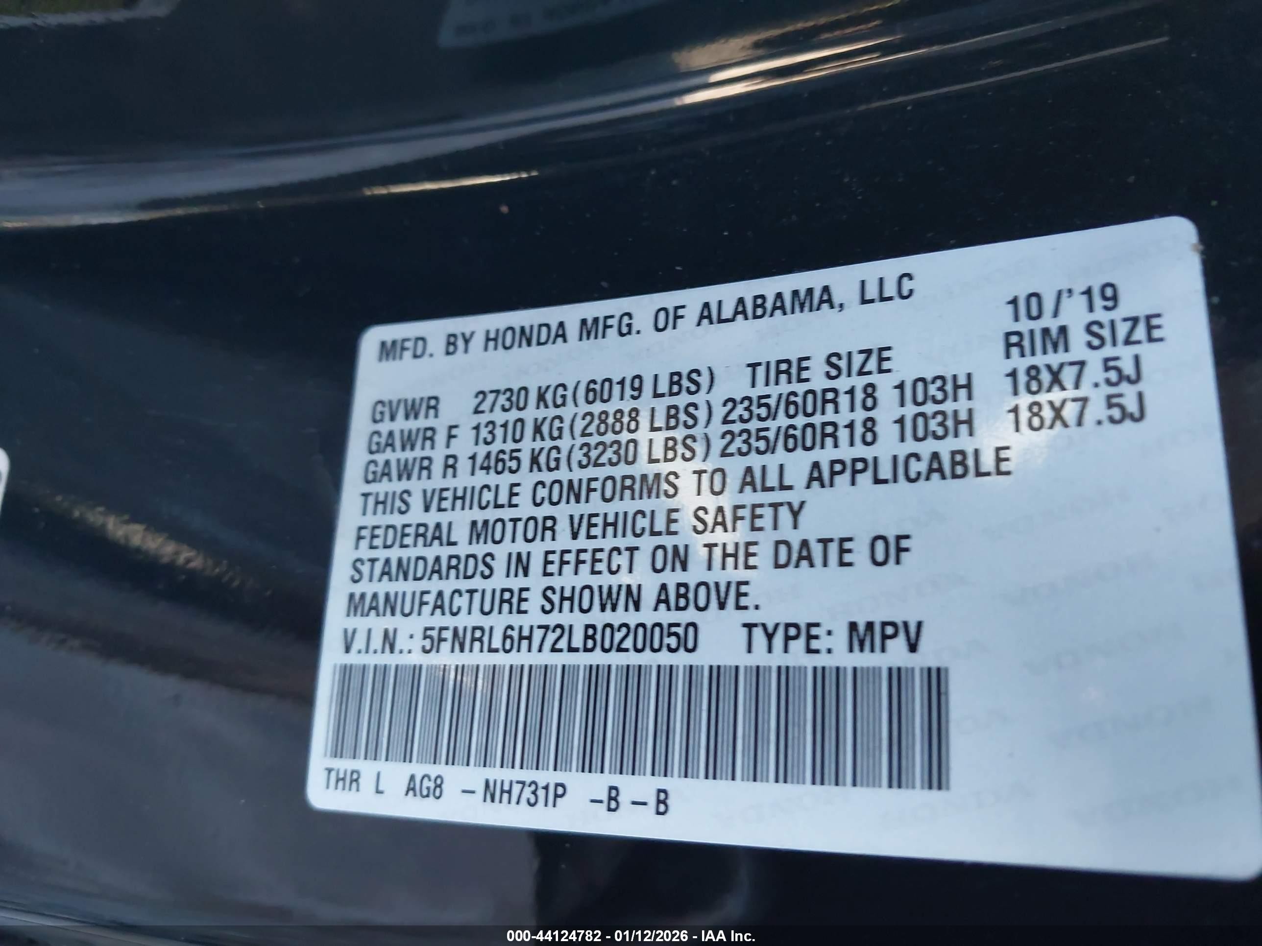 2020 Honda Odyssey Ex-l/ex-l W/navi   Res Black vin: 5FNRL6H72LB020050