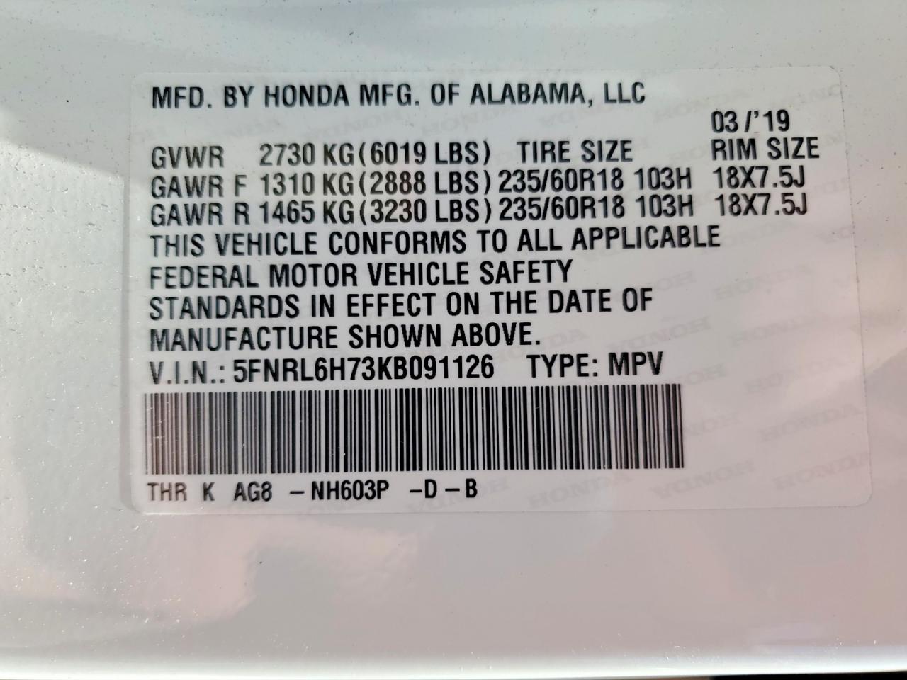 2019 Honda Odyssey Exl White vin: 5FNRL6H73KB091126