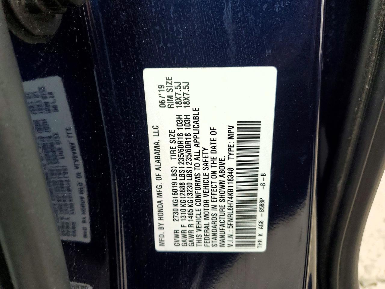 2019 Honda Odyssey Exl Blue vin: 5FNRL6H74KB118348