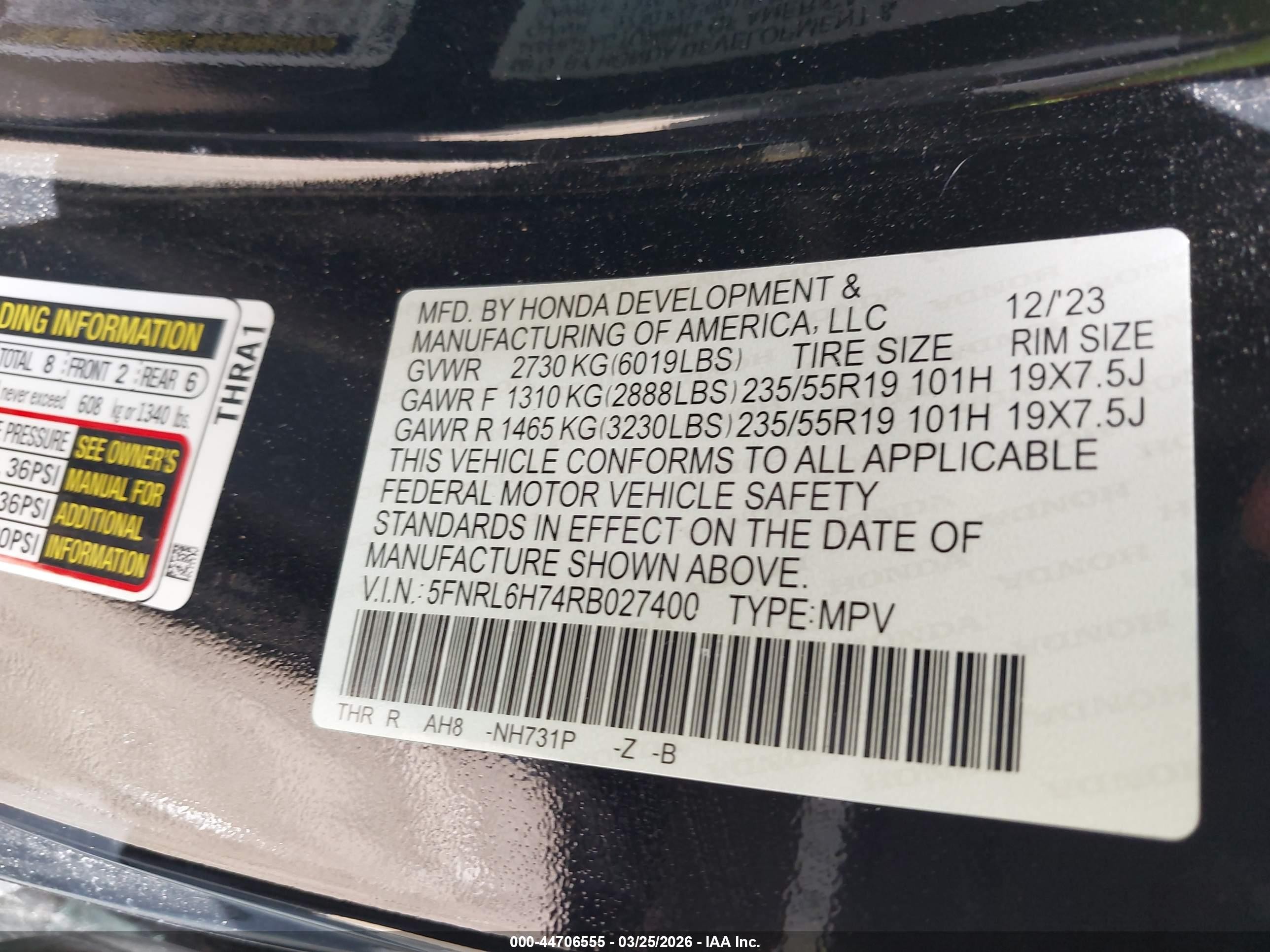 2024 Honda Odyssey Sport Black vin: 5FNRL6H74RB027400