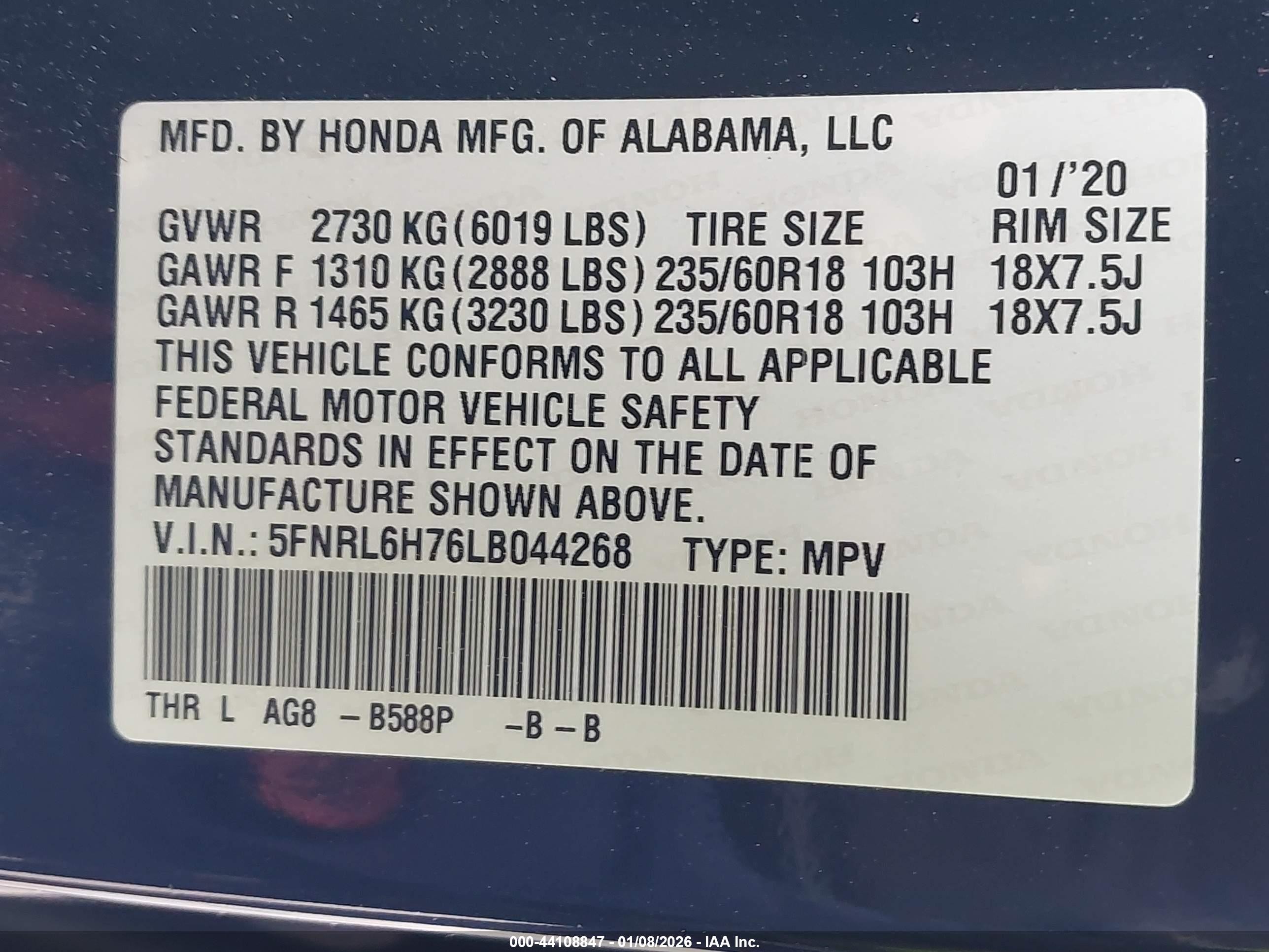 2020 Honda Odyssey Ex-l/ex-l W/navi   Res Blue vin: 5FNRL6H76LB044268