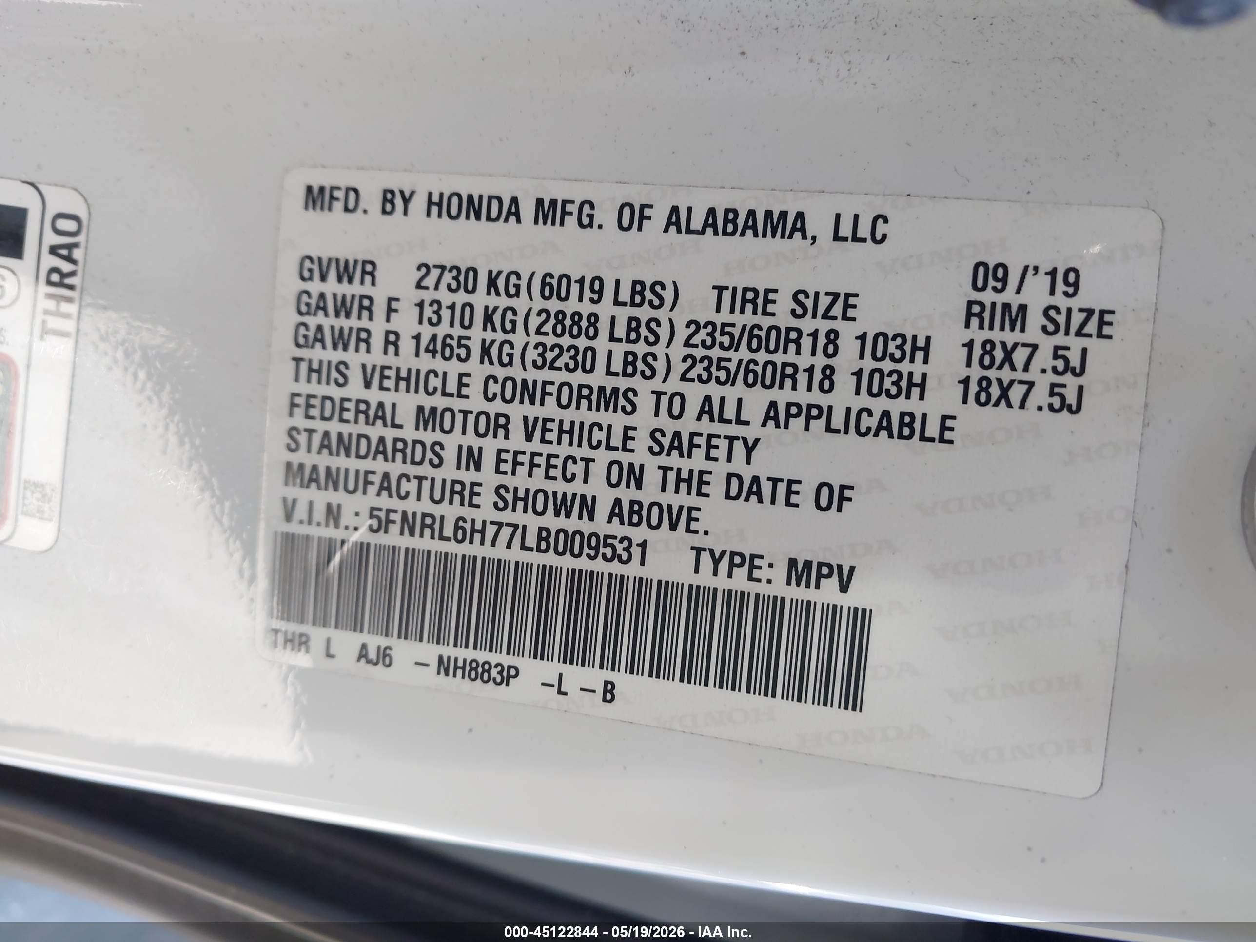 2020 Honda Odyssey Ex-l/ex-l W/navi   Res White vin: 5FNRL6H77LB009531