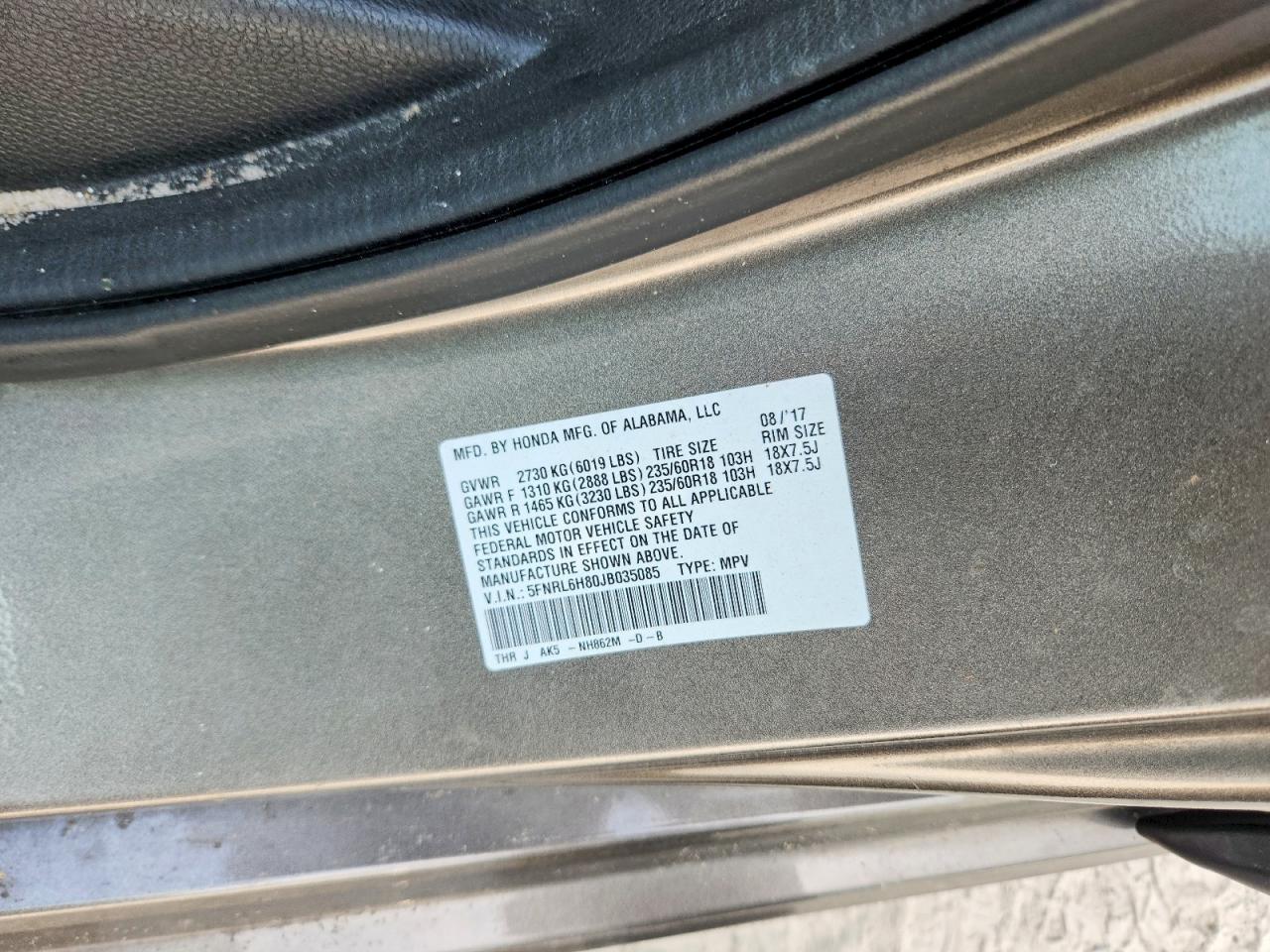 2018 Honda Odyssey Touring Gray vin: 5FNRL6H80JB035085