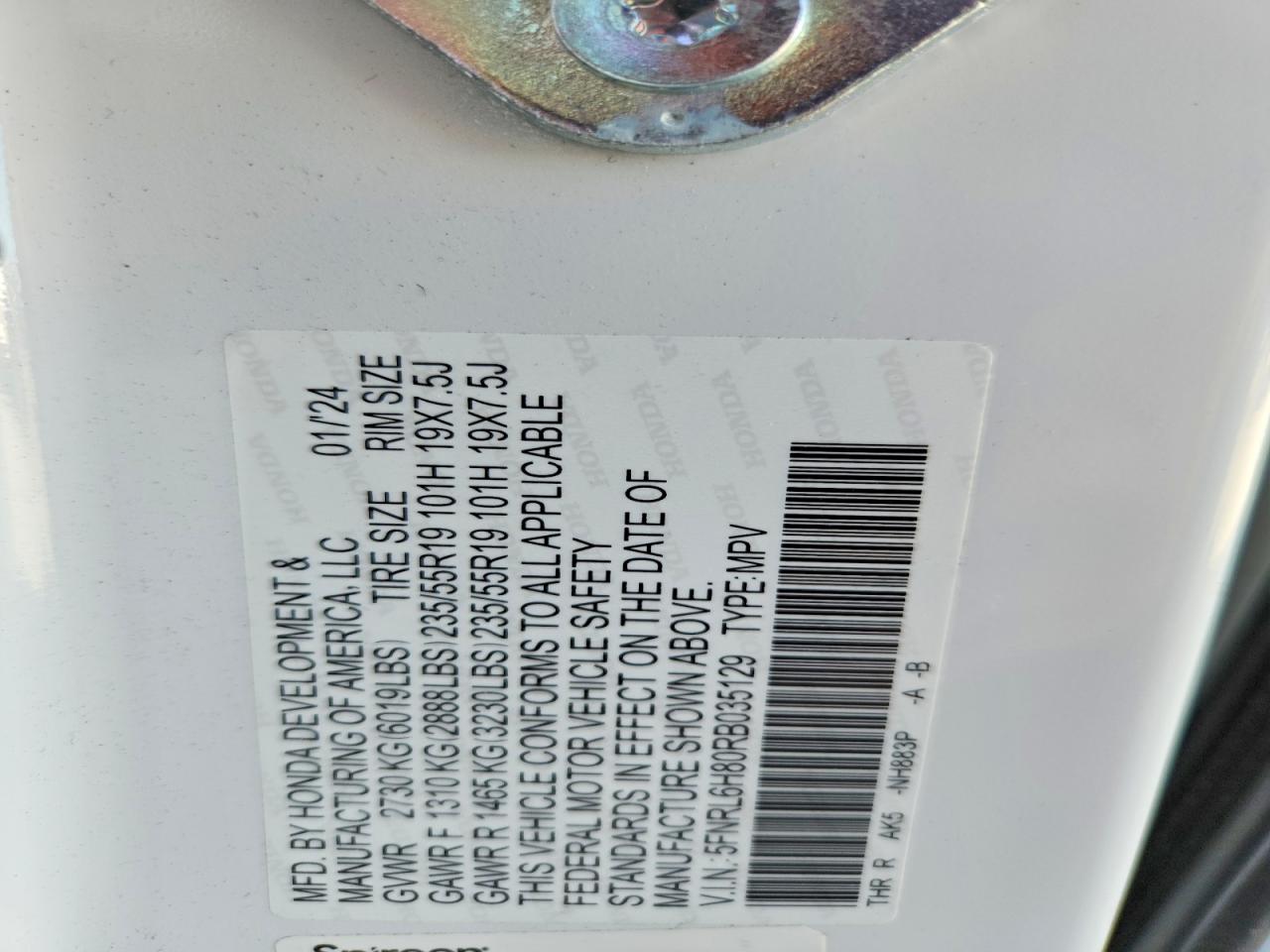 2024 Honda Odyssey Touring White vin: 5FNRL6H80RB035129