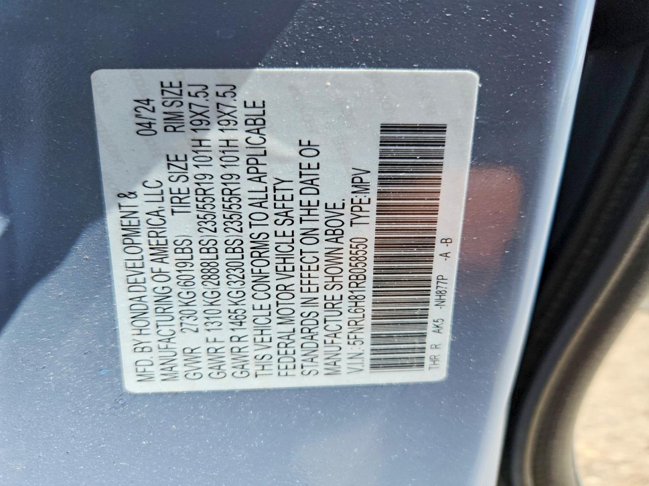 2024 Honda Odyssey Touring Gray vin: 5FNRL6H81RB058550
