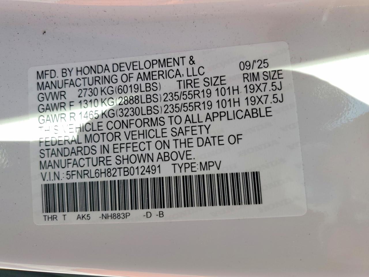 2026 Honda Odyssey Touring White vin: 5FNRL6H82TB012491