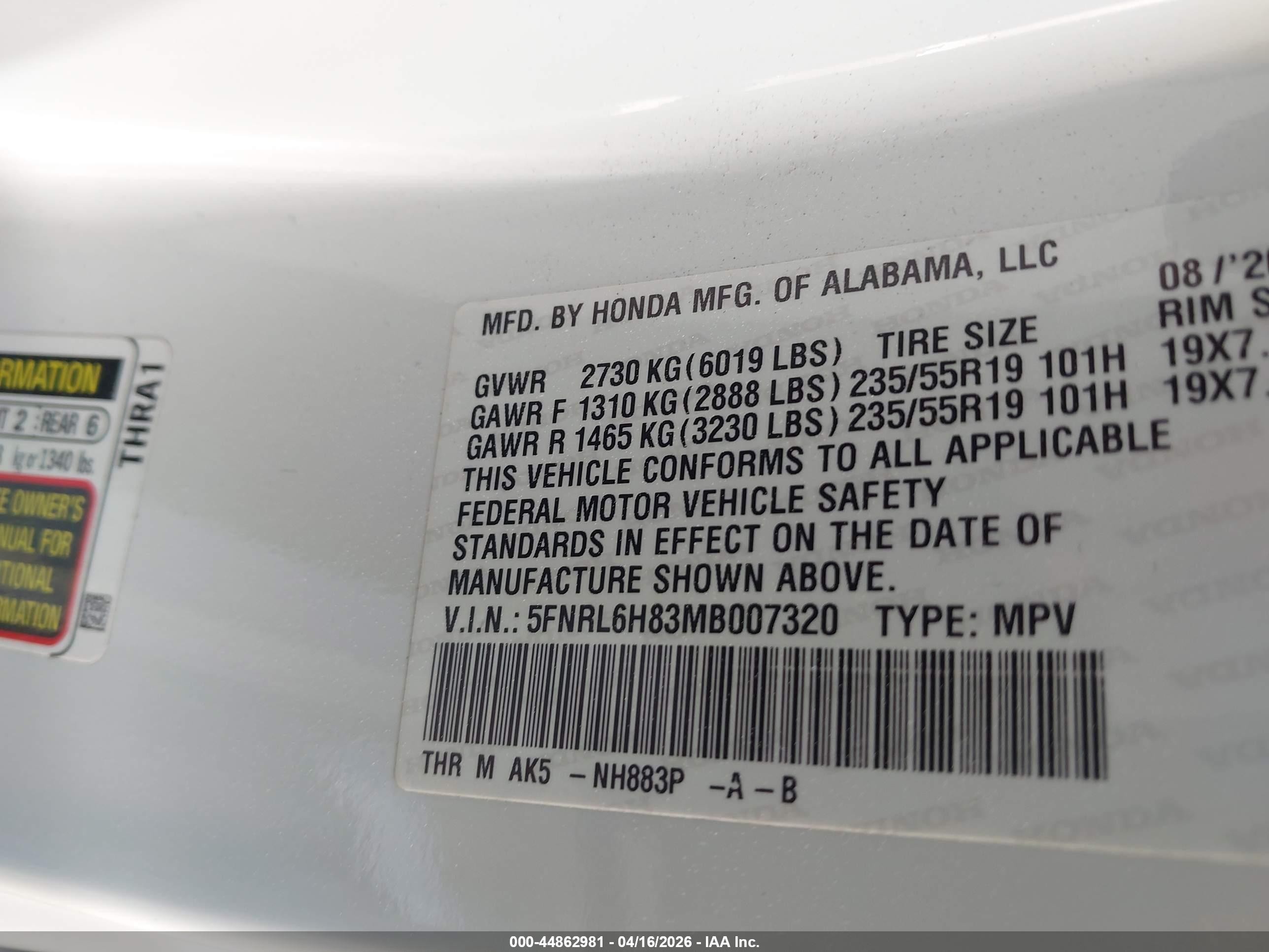 2021 Honda Odyssey Touring Белый vin: 5FNRL6H83MB007320
