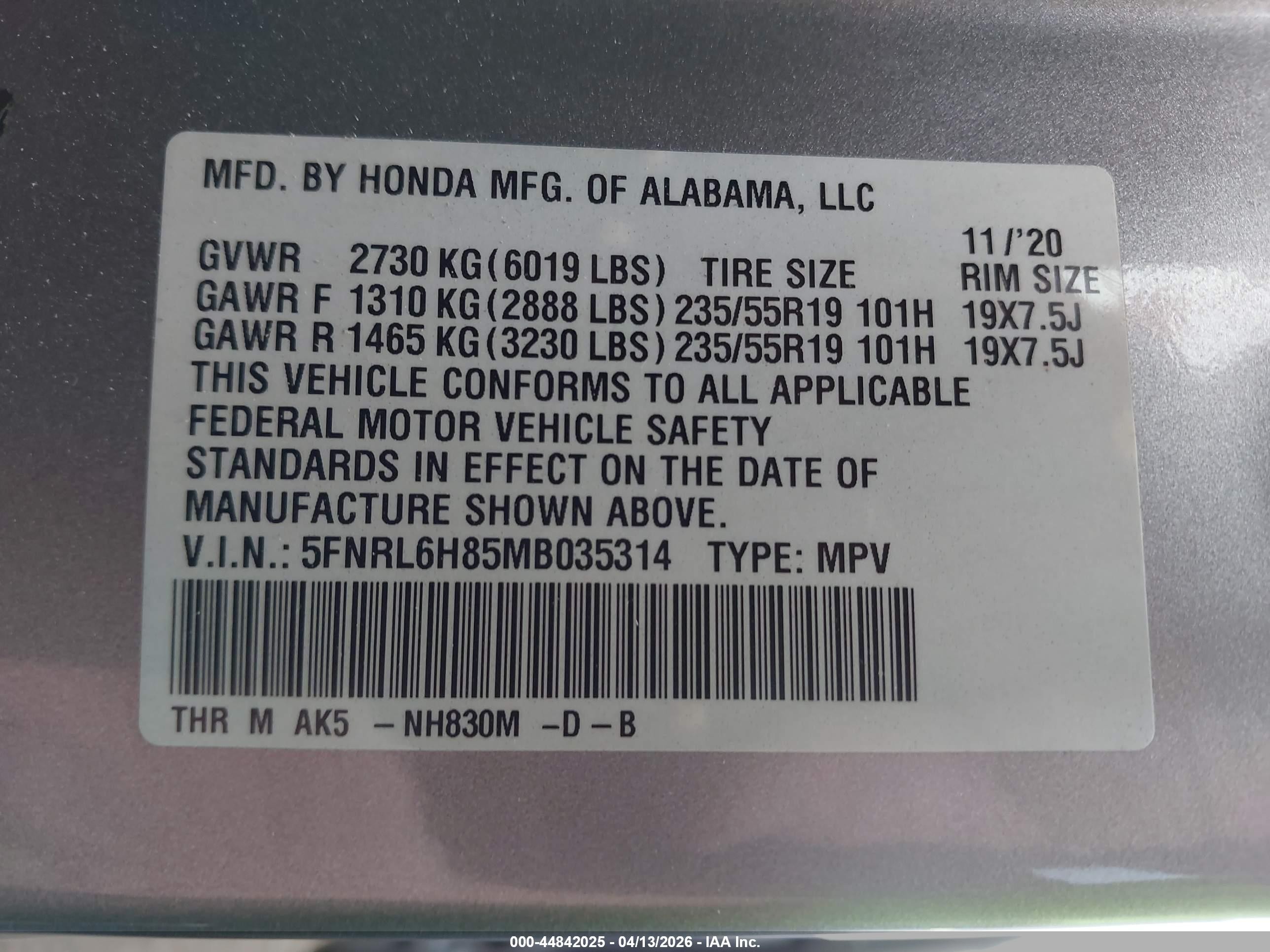 2021 Honda Odyssey Touring Silver vin: 5FNRL6H85MB035314