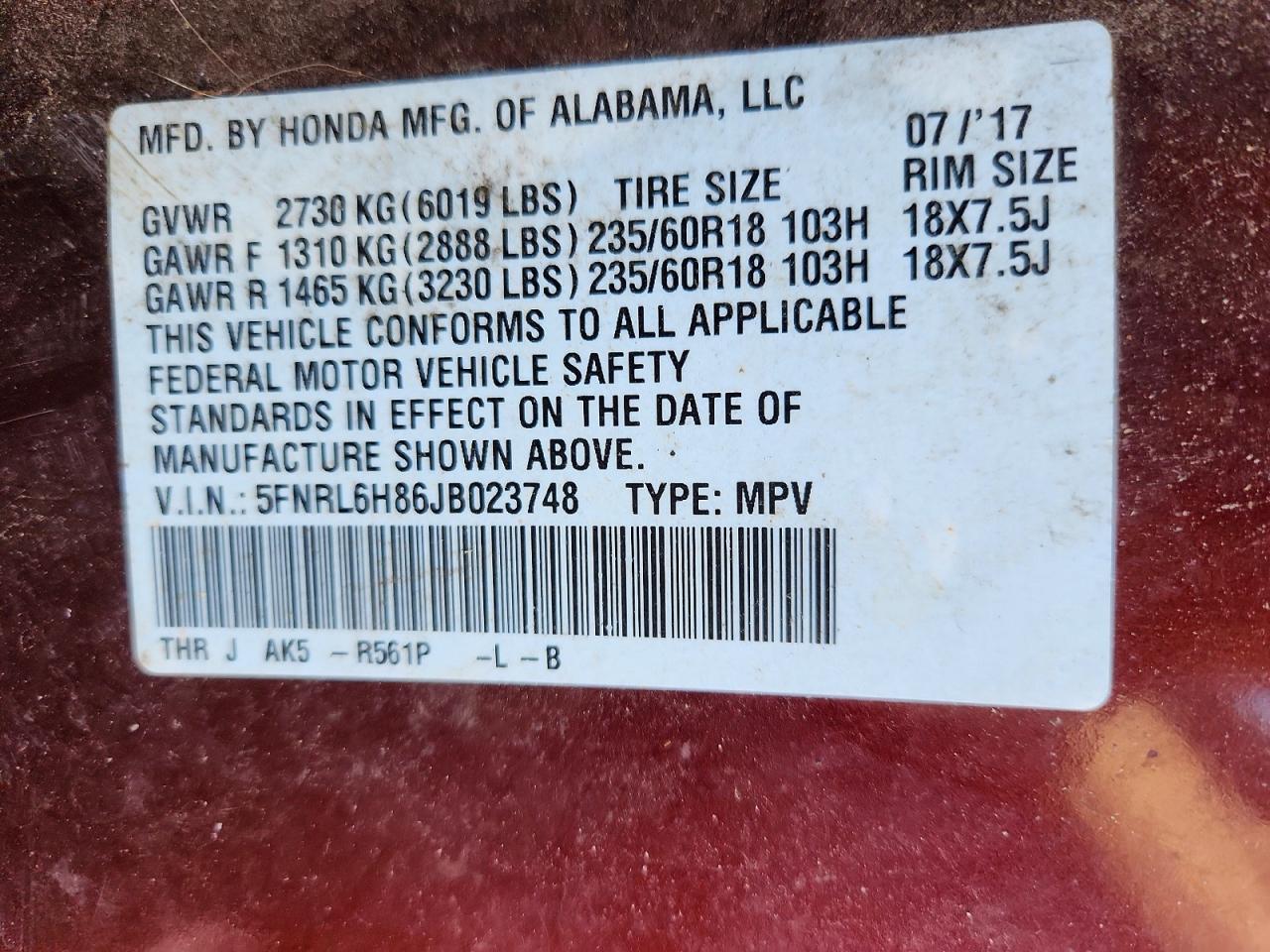 2018 Honda Odyssey Touring Burgundy vin: 5FNRL6H86JB023748