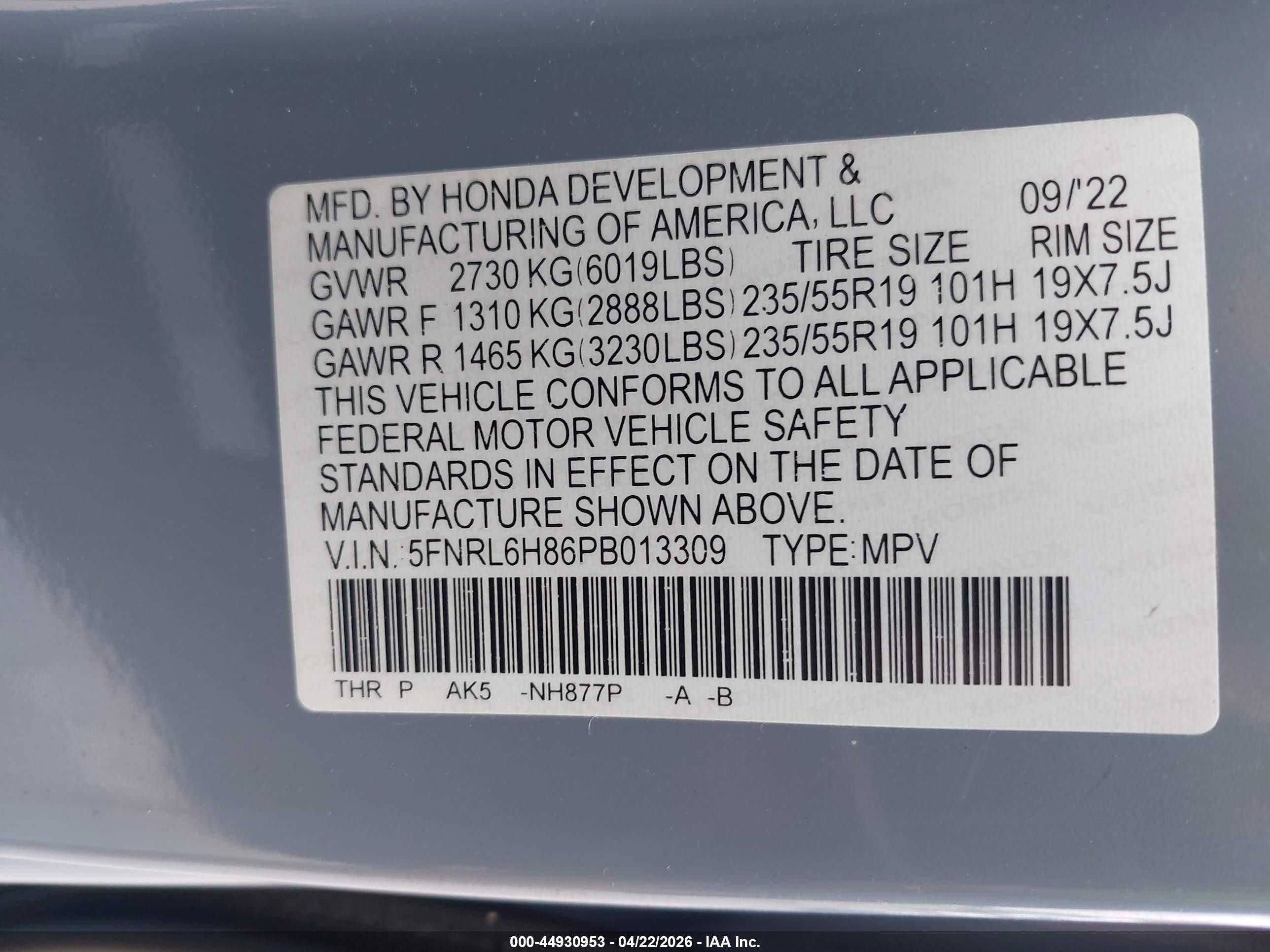 2023 Honda Odyssey Touring Серый vin: 5FNRL6H86PB013309