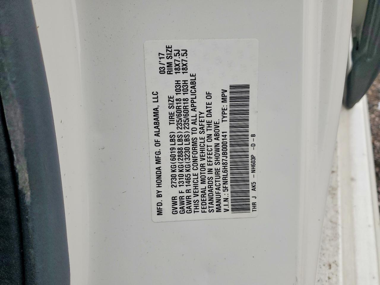 2018 Honda Odyssey Touring White vin: 5FNRL6H87JB000141