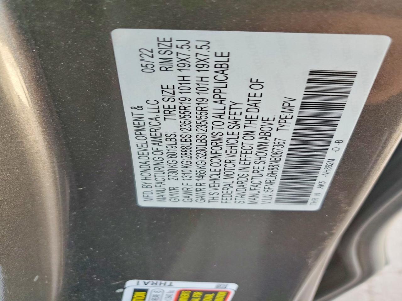 2022 Honda Odyssey Touring Серый vin: 5FNRL6H88NB067367