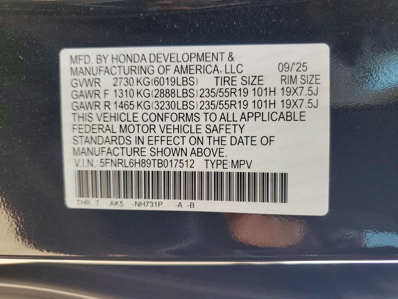 2026 Honda Odyssey Touring Black vin: 5FNRL6H89TB017512