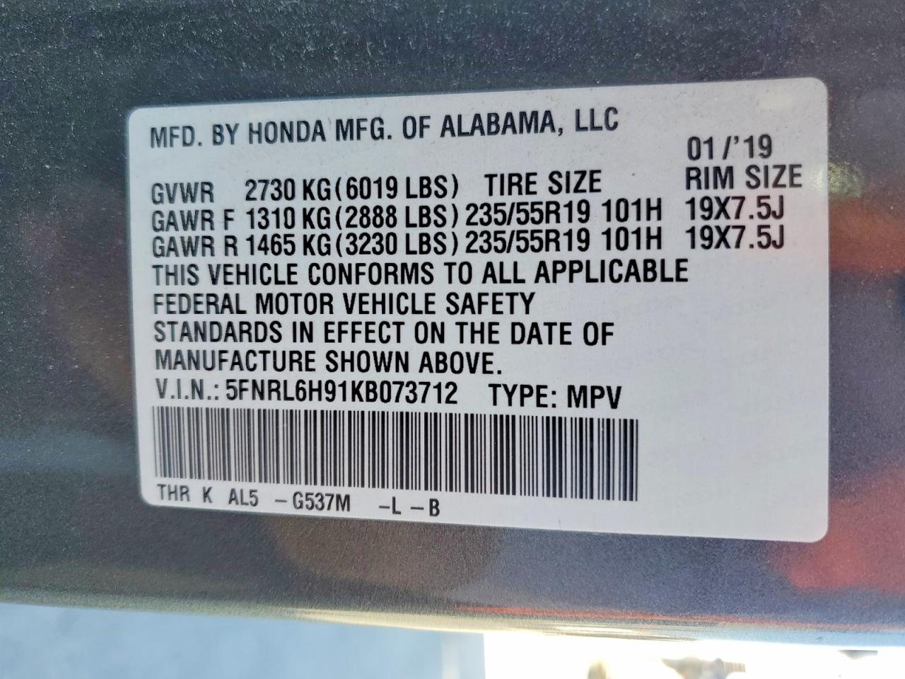 2019 Honda Odyssey Elite Gray vin: 5FNRL6H91KB073712