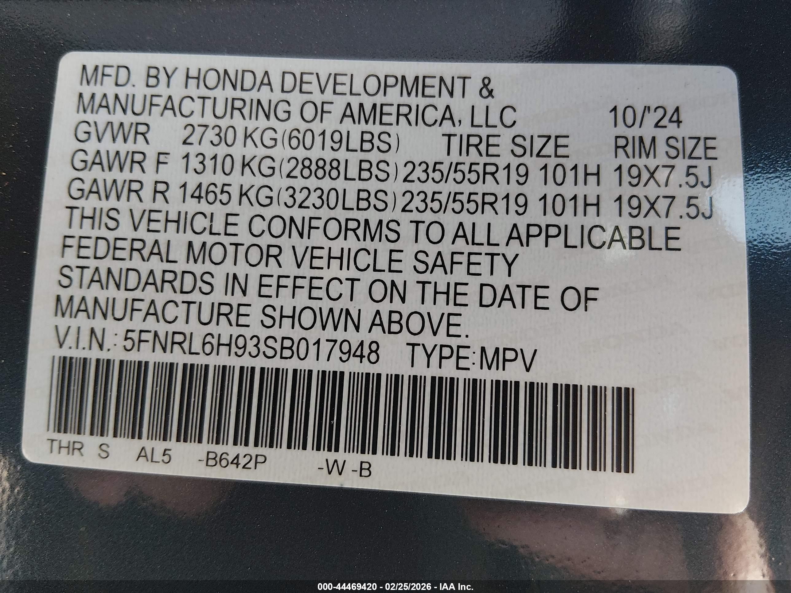2025 Honda Odyssey Elite Blue vin: 5FNRL6H93SB017948