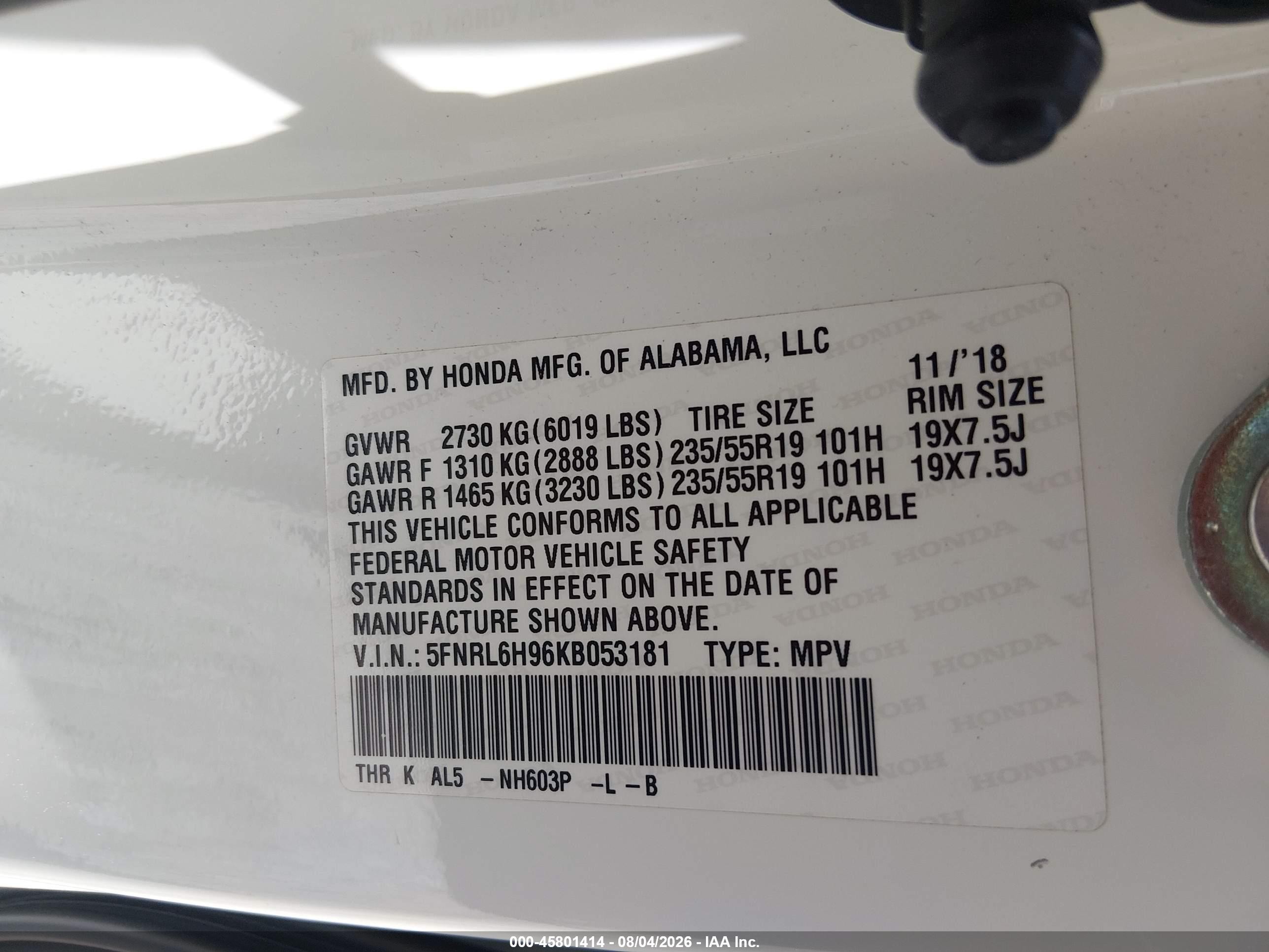 2019 Honda Odyssey Elite White vin: 5FNRL6H96KB053181
