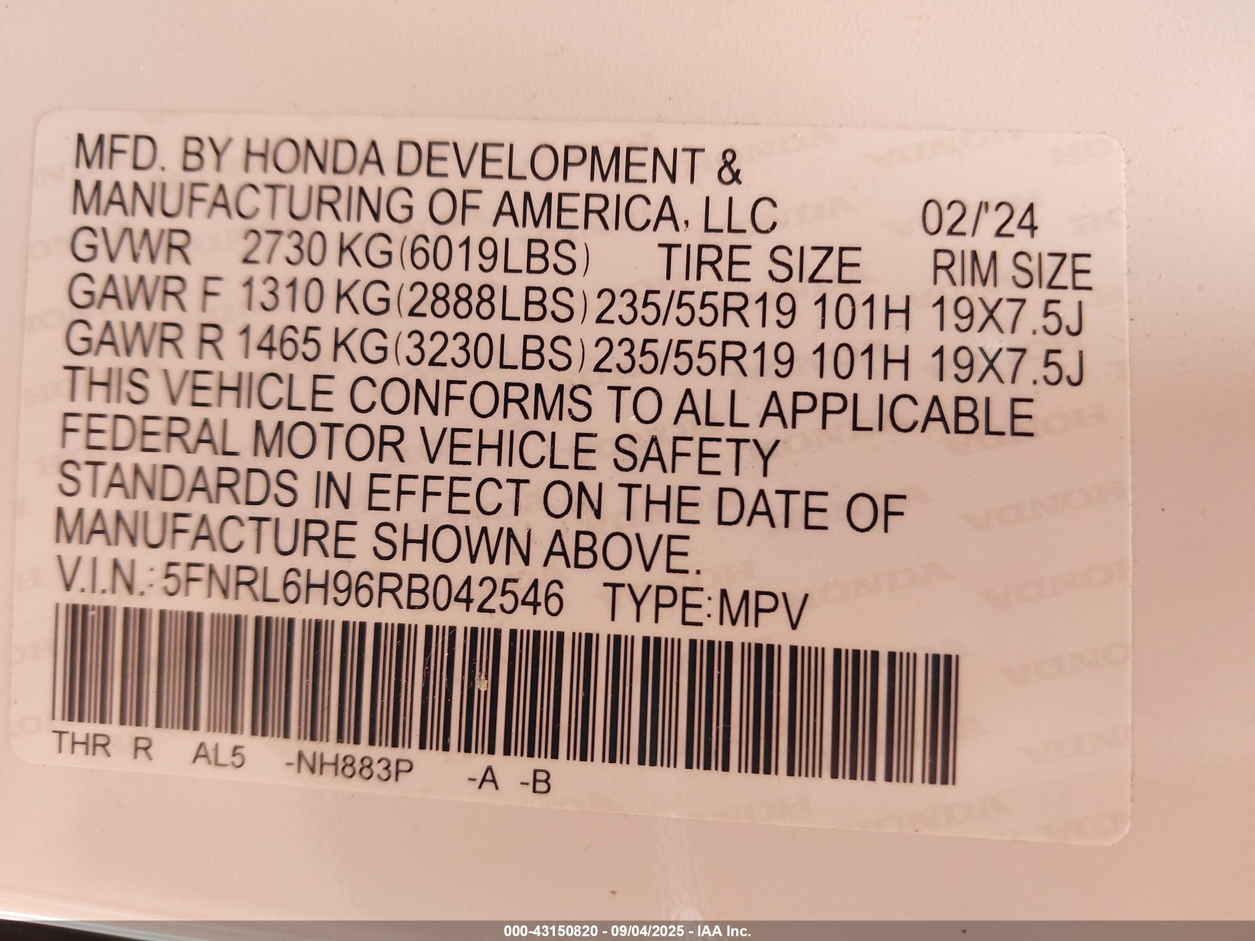 2024 Honda Odyssey Elite White vin: 5FNRL6H96RB042546