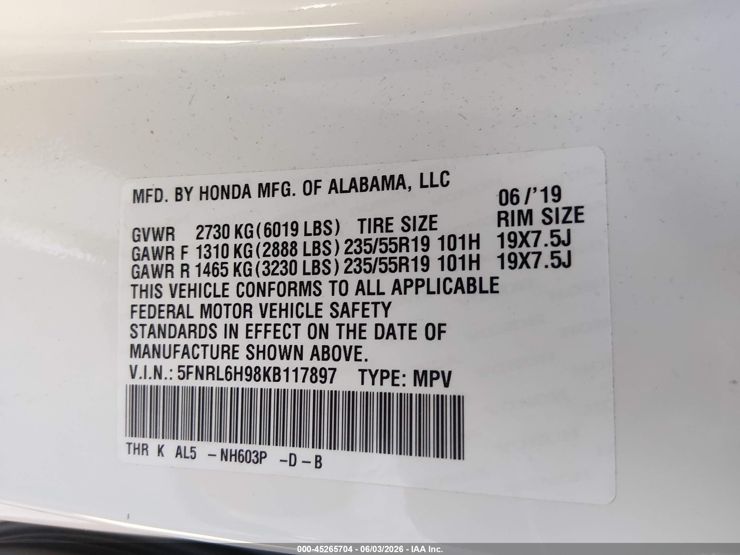 2019 Honda Odyssey Elite White vin: 5FNRL6H98KB117897