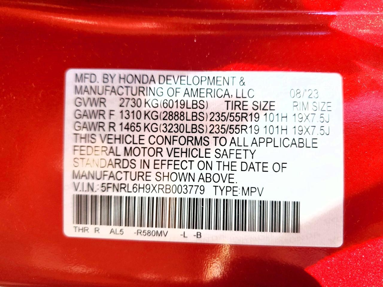 2024 Honda Odyssey Elite Red vin: 5FNRL6H9XRB003779