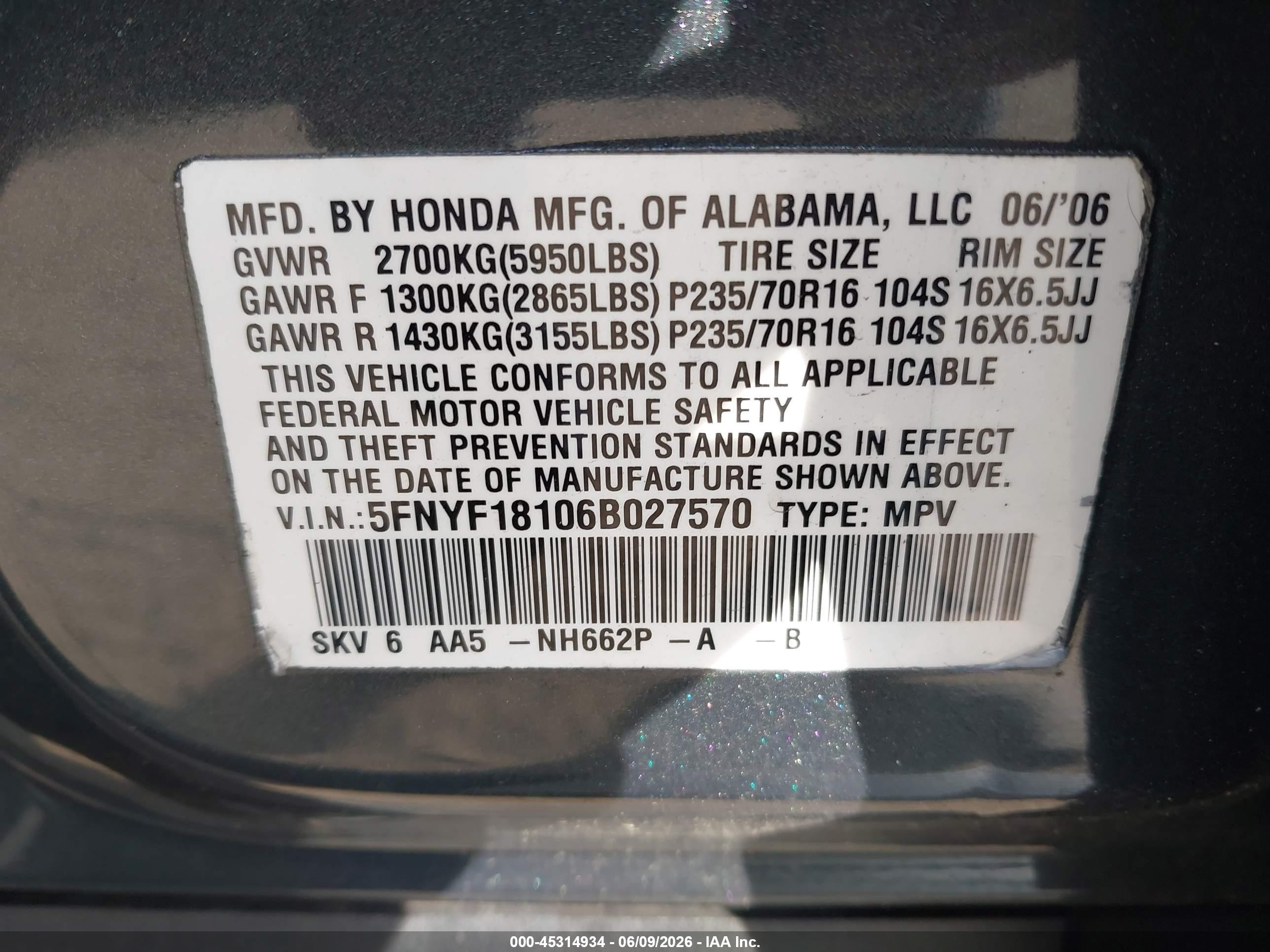 2006 Honda Pilot Lx Gray vin: 5FNYF18106B027570