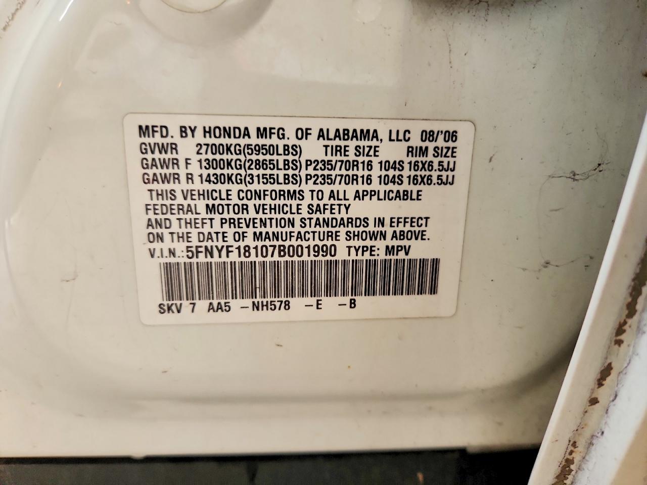 2007 Honda Pilot Lx White vin: 5FNYF18107B001990