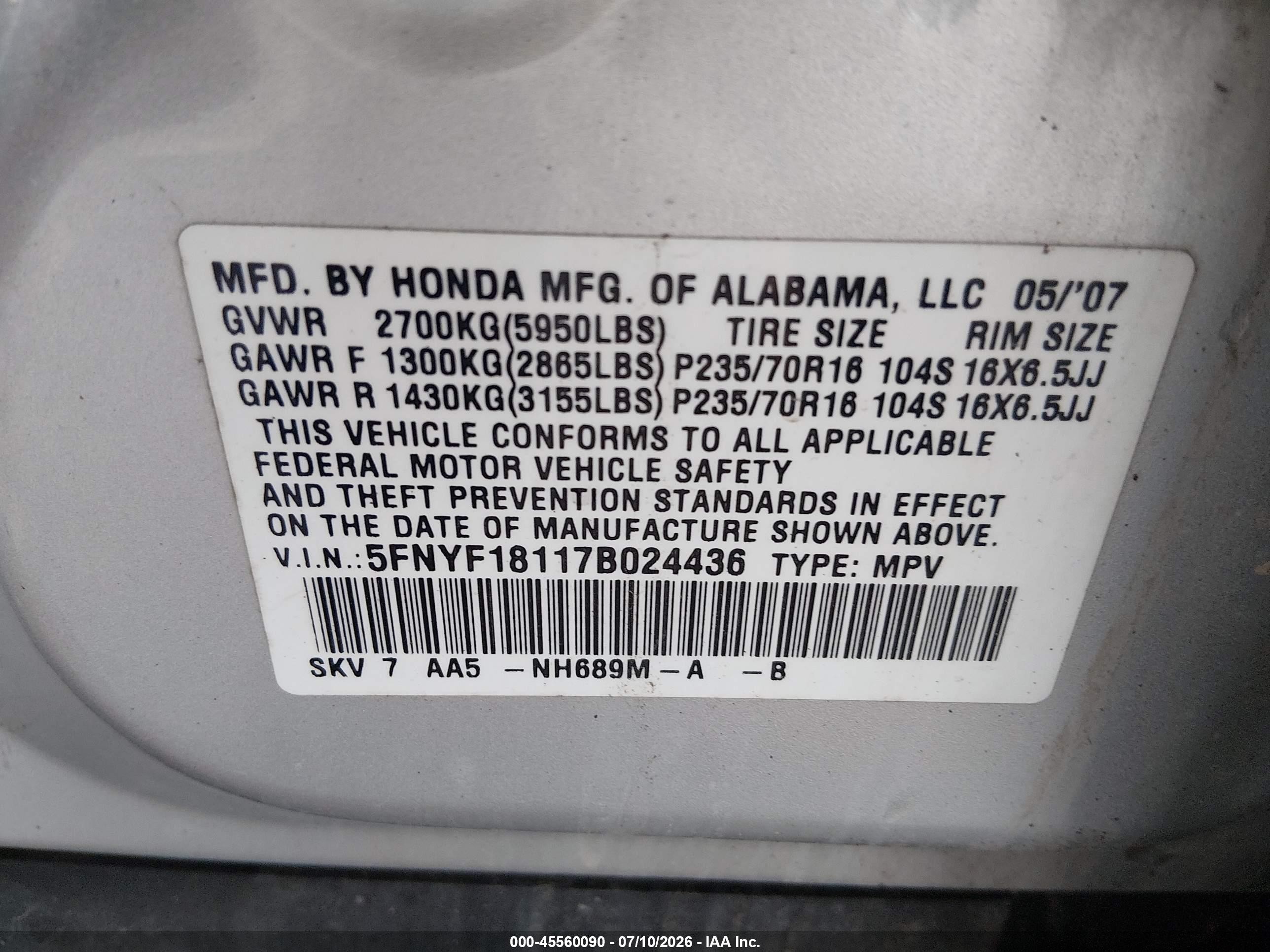 2007 Honda Pilot Lx Silver vin: 5FNYF18117B024436