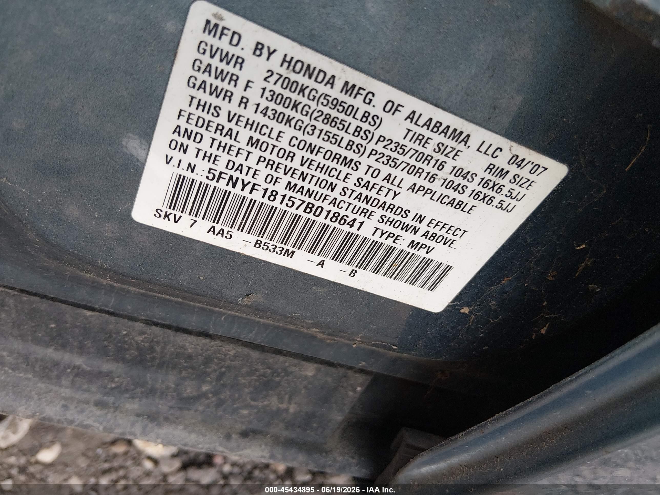2007 Honda Pilot Lx Blue vin: 5FNYF18157B018641