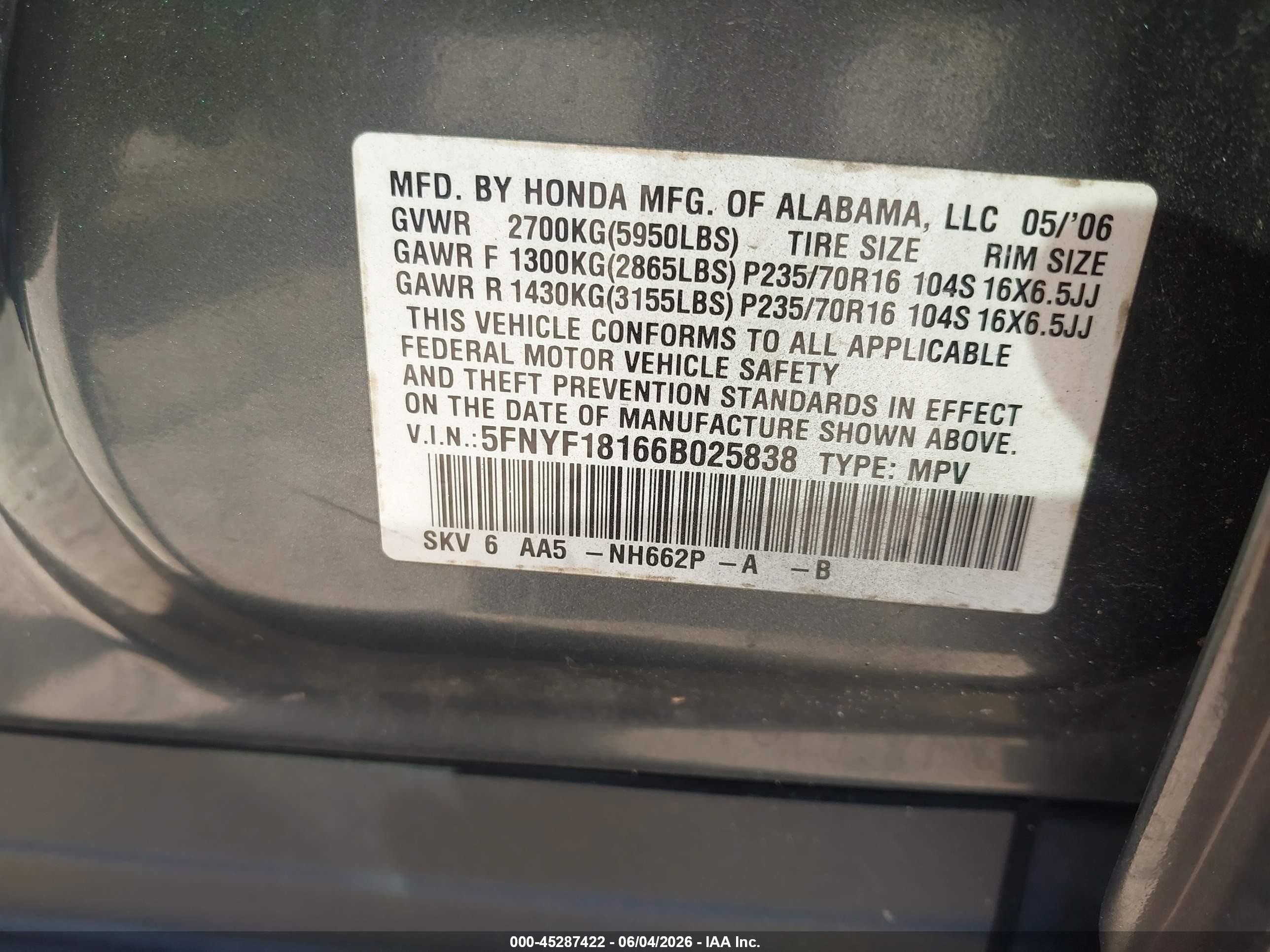 2006 Honda Pilot Lx Серый vin: 5FNYF18166B025838
