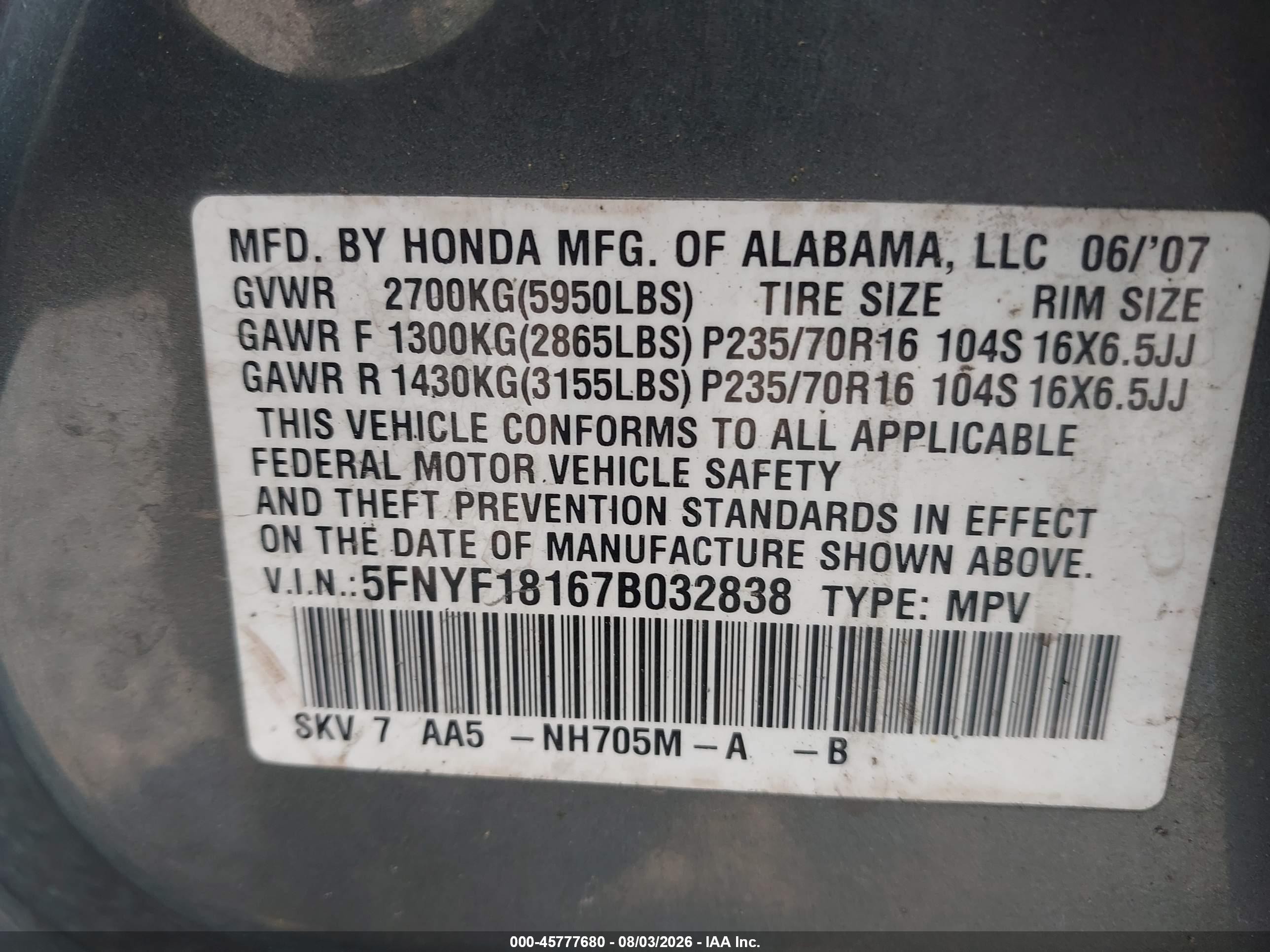 2007 Honda Pilot Lx Серый vin: 5FNYF18167B032838