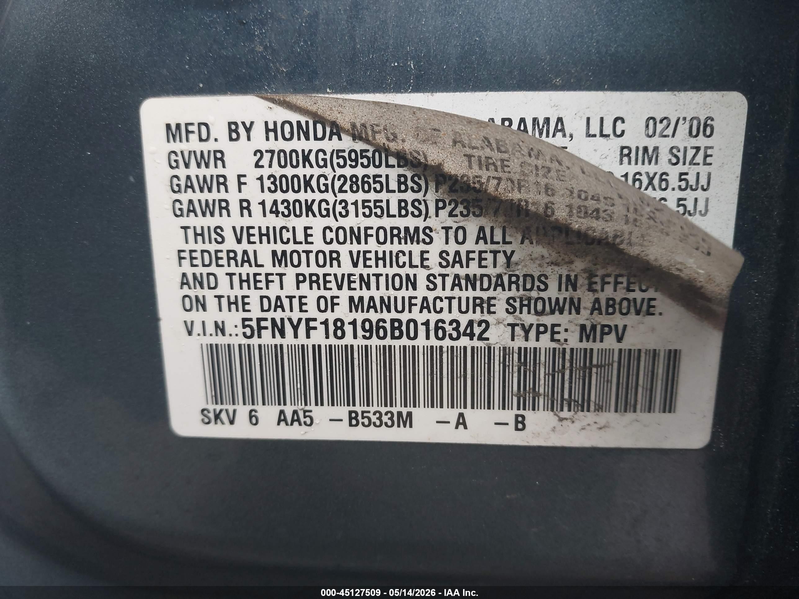 2006 Honda Pilot Lx Blue vin: 5FNYF18196B016342