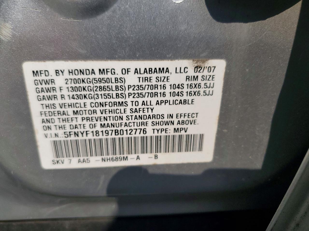 2007 Honda Pilot Lx Silver vin: 5FNYF18197B012776