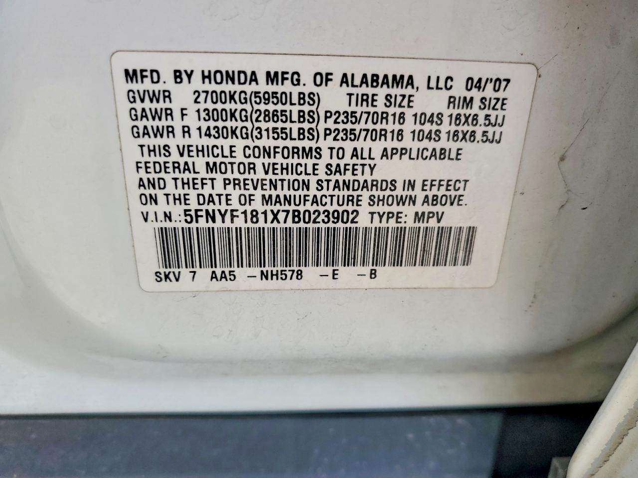 2007 Honda Pilot Lx White vin: 5FNYF181X7B023902