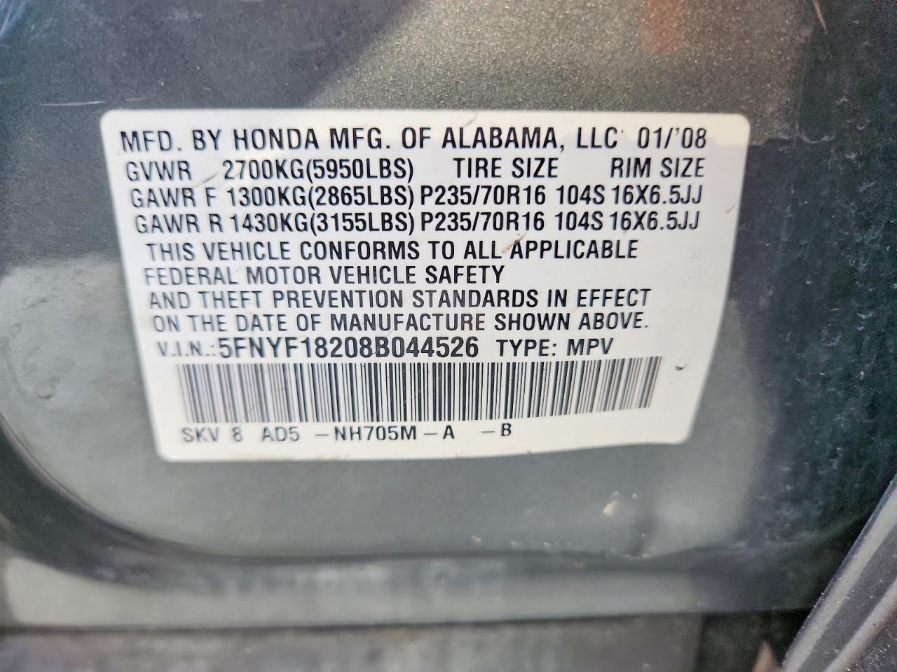 2008 Honda Pilot Vp Gray vin: 5FNYF18208B044526