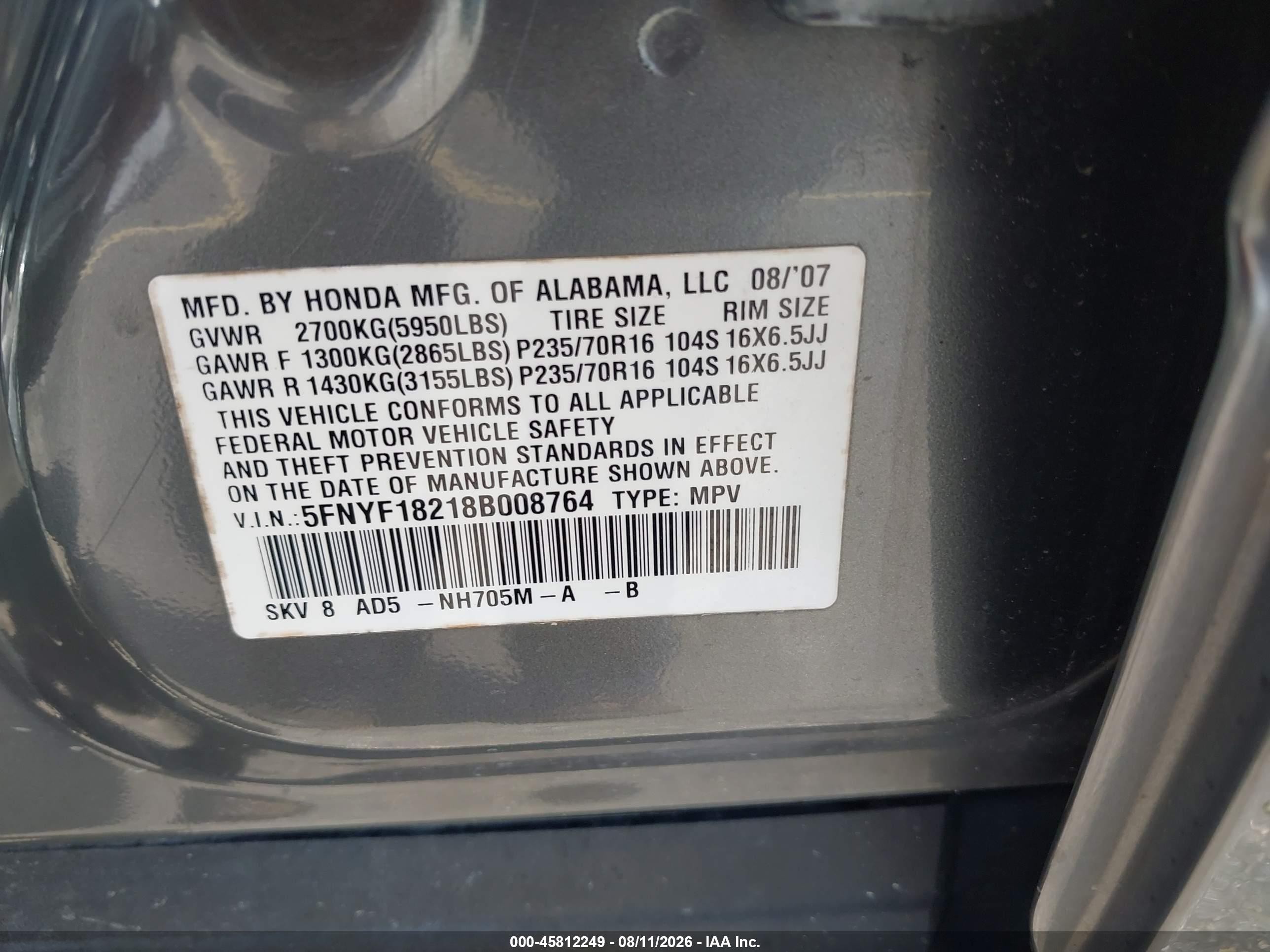 2008 Honda Pilot Vp Gray vin: 5FNYF18218B008764