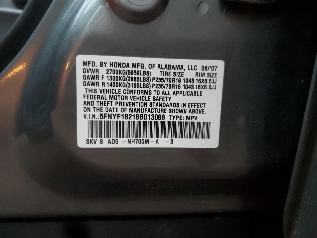 2008 Honda Pilot Vp Gray vin: 5FNYF18218B013088